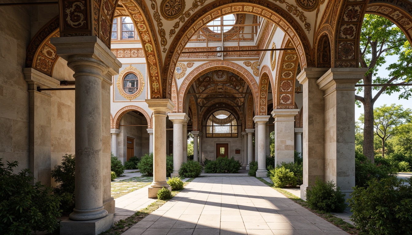 Prompt: Intricate stone carvings, ornate arches, grand domes, vibrant mosaics, golden accents, richly textured walls, ornamental columns, detailed capitals, Byzantine-inspired patterns, lush greenery, warm sunny day, soft natural lighting, shallow depth of field, 3/4 composition, panoramic view, realistic textures, ambient occlusion.