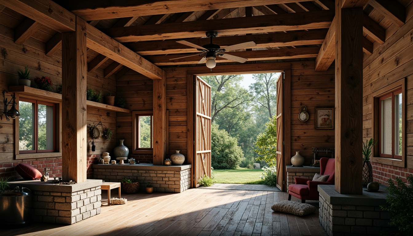 Prompt: Rustic barn, wooden accents, distressed textures, earthy tones, vintage farm equipment, classic lanterns, brick red walls, stone foundations, greenery overgrowth, natural light pouring, warm cozy atmosphere, soft focus, shallow depth of field, 1/1 composition, symmetrical framing, realistic renderings, ambient occlusion.