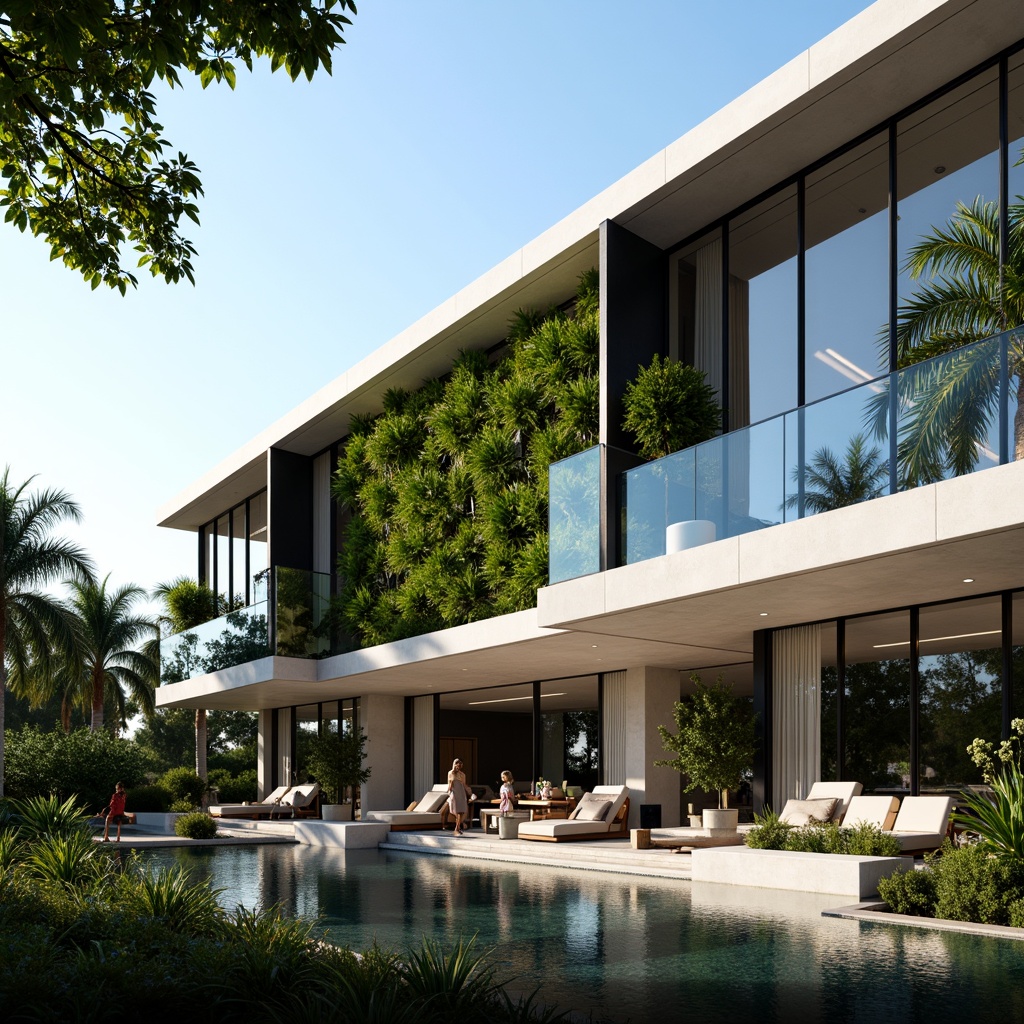 Prompt: Luxurious modern building, sleek glass facade, metallic accents, vertical green walls, cantilevered roofs, minimalist ornamentation, neutral color palette, subtle LED lighting, reflective pool, surrounding lush landscaping, tropical plants, warm sunny day, shallow depth of field, 3/4 composition, panoramic view, realistic textures, ambient occlusion.