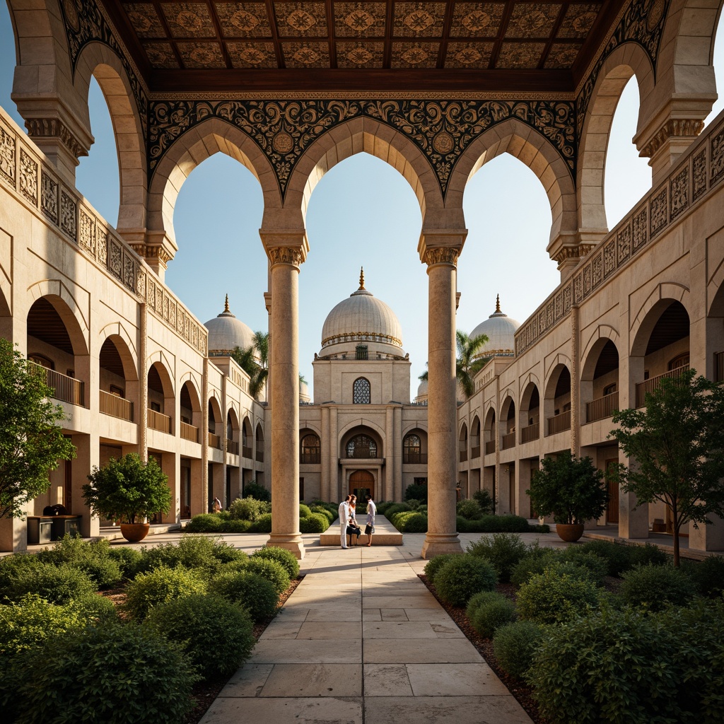 Prompt: Sacred mosque, intricately patterned Islamic architecture, lush green courtyards, natural ventilation systems, energy-efficient lighting, rainwater harvesting systems, recycled materials, eco-friendly roofing, minimal waste management, serene prayer halls, soft warm lighting, shallow depth of field, 3/4 composition, panoramic view, realistic textures, ambient occlusion, geometric arches, ornate calligraphy, vibrant cultural patterns, peaceful ambiance.