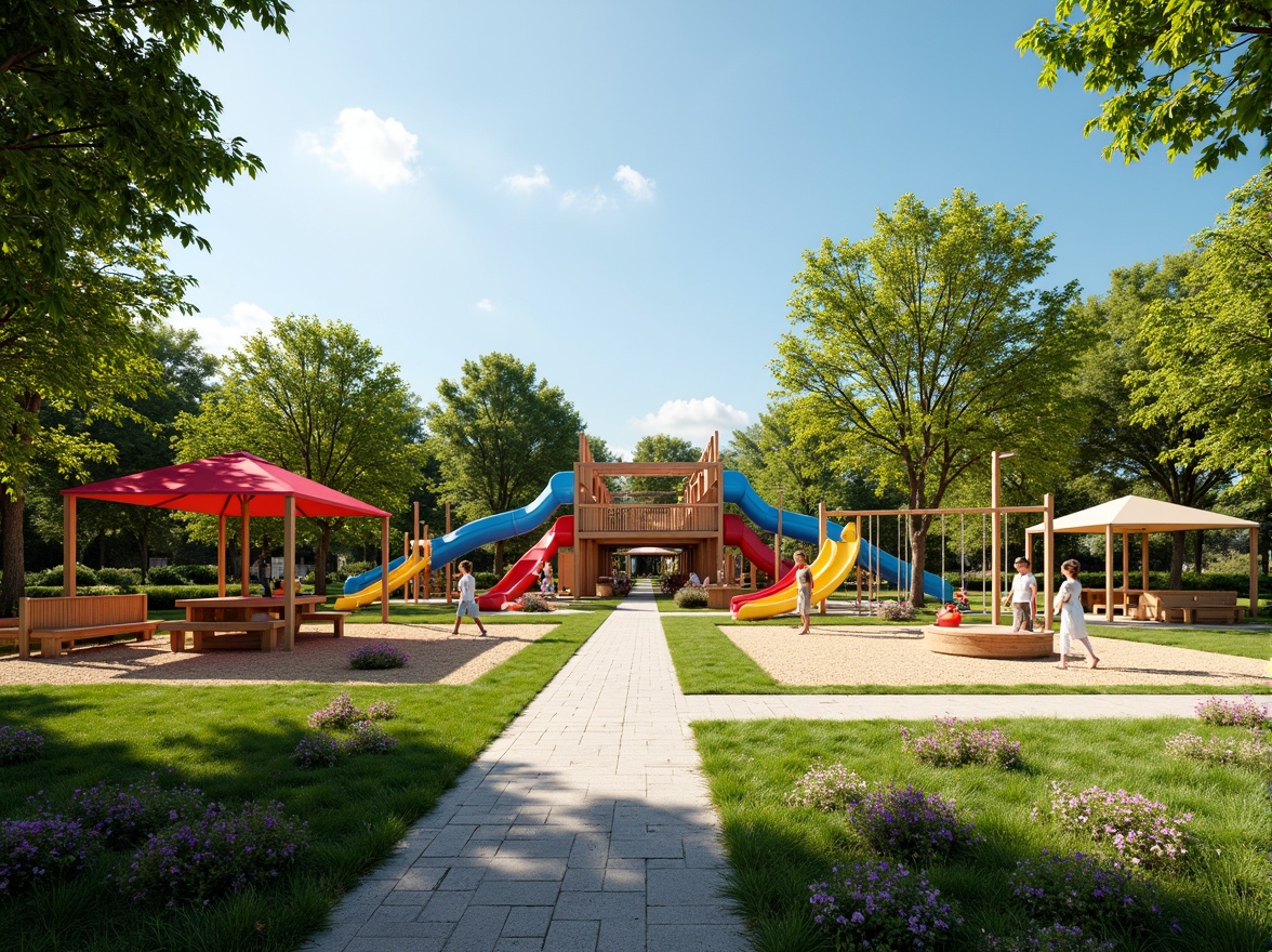 Prompt: Vibrant playground, colorful slides, wooden climbing frames, rope swings, sandbox areas, merry-go-rounds, seesaws, picnic tables, benches with backrests, shaded canopies, natural stone pathways, lush green grass, blooming flowers, sunny day, warm soft lighting, shallow depth of field, 3/4 composition, panoramic view, realistic textures, ambient occlusion.