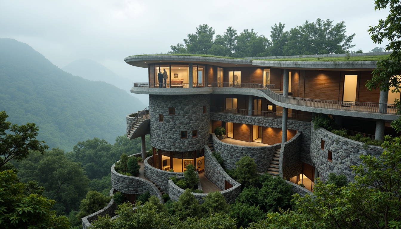 Prompt: Watchtower with rustic stone walls, wooden accents, lush green roofs, observation decks, winding staircases, panoramic views, mountainous surroundings, misty atmosphere, soft warm lighting, shallow depth of field, 3/4 composition, natural textures, ambient occlusion, blending with nature, organic architecture, curved lines, earthy tones, harmonious integration.