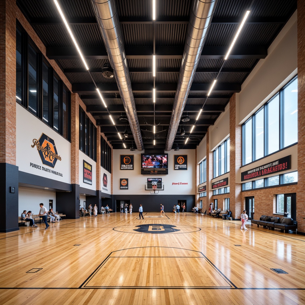 Prompt: Modern gymnasium interior, polished wooden floors, motivational quotes, athletic logo designs, exposed ductwork ceilings, industrial-style lighting fixtures, sleek metal beams, vibrant color accents, dynamic LED strip lights, rubber flooring, basketball court markings, sports equipment storage, acoustic paneling, natural stone feature walls, minimalist seating areas, overhead scoreboard displays, panoramic windows, abundant natural light, high-ceiling, energetic atmosphere.