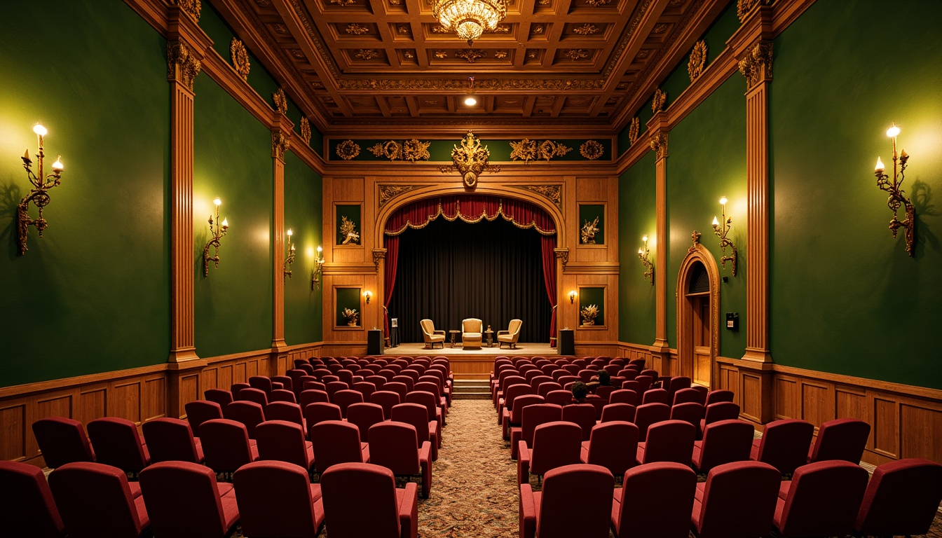 Prompt: Vibrant theater interior, rich green walls, dynamic color blocking, warm stage lighting, natural wood accents, plush velvet seats, ornate golden details, dramatic ceiling design, grand proscenium arch, subtle texture contrasts, earthy tone palette, calming atmosphere, soft focus spotlighting, 3/4 composition, shallow depth of field, realistic material rendering.