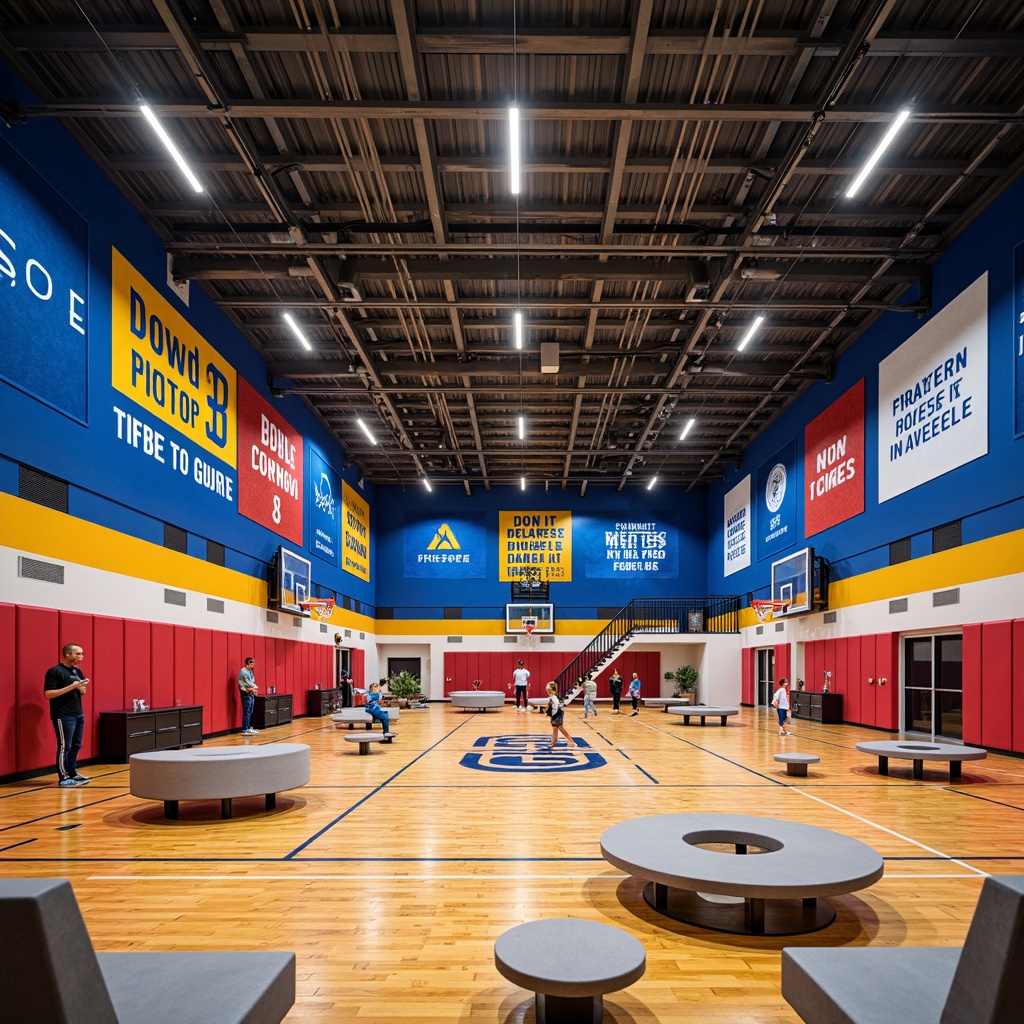 Prompt: Vibrant gymnasium interior, sports-themed wallpaper, bold color accents, dynamic lighting effects, polished wood flooring, athletic equipment displays, motivational quotes, modern seating areas, acoustic soundproofing materials, energetic atmosphere, high-ceiling spaces, transparent glass partitions, sleek metal beams, innovative textile applications, functional fabric installations, durable upholstery fabrics, ergonomic furniture designs, stimulating visual patterns, panoramic view, shallow depth of field, 3/4 composition, realistic textures, ambient occlusion.