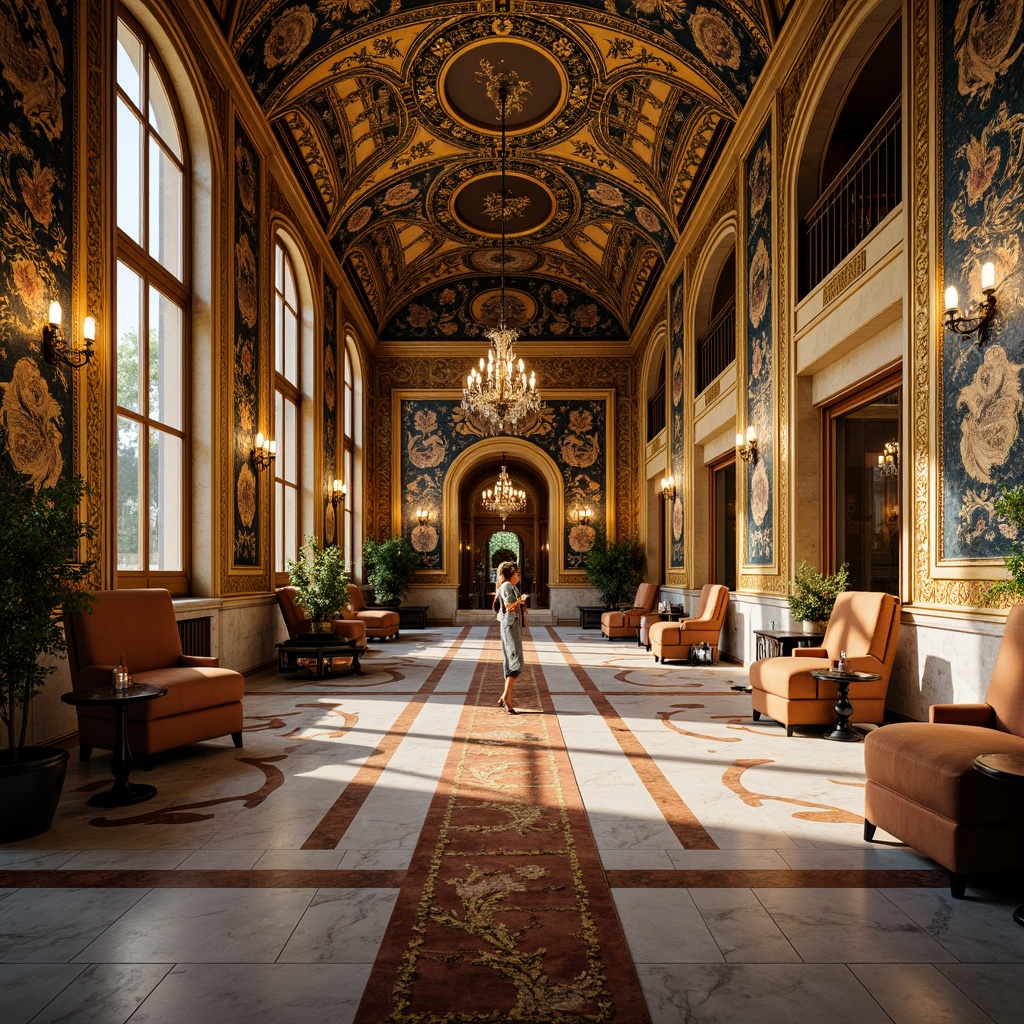 Prompt: Byzantine-inspired interior, ornate golden mosaics, intricate glass tiles, rich jewel tones, luxurious marble floors, grand arches, vaulted ceilings, ornamental columns, lavish furnishings, regal ambiance, soft warm lighting, shallow depth of field, 1/1 composition, realistic textures, ambient occlusion.