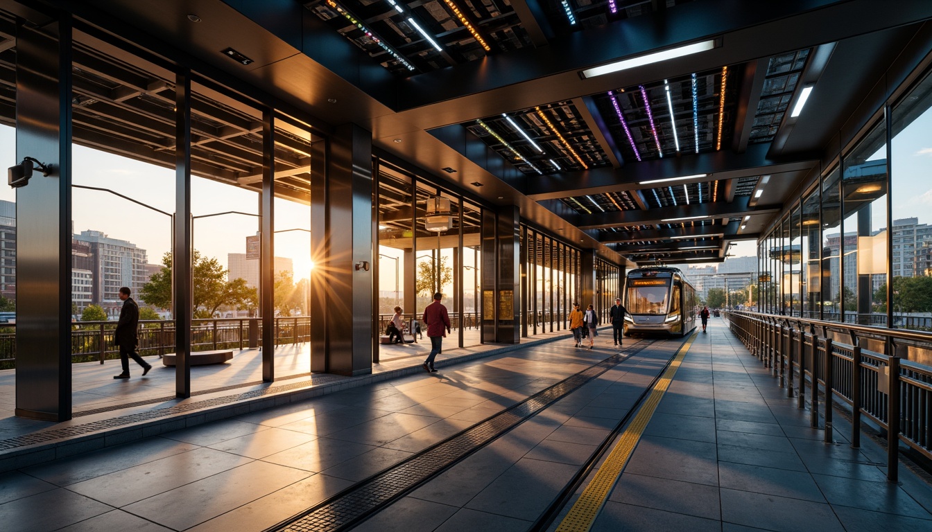 Prompt: Modern tram station, sleek metal beams, industrial-style architecture, bright LED lights, futuristic ambiance, urban cityscape, morning rush hour, warm golden lighting, high ceilings, large glass windows, minimalist seating areas, stainless steel handrails, polished concrete floors, dynamic color-changing lights, layered lighting effects, 1/2 composition, shallow depth of field, realistic reflections.