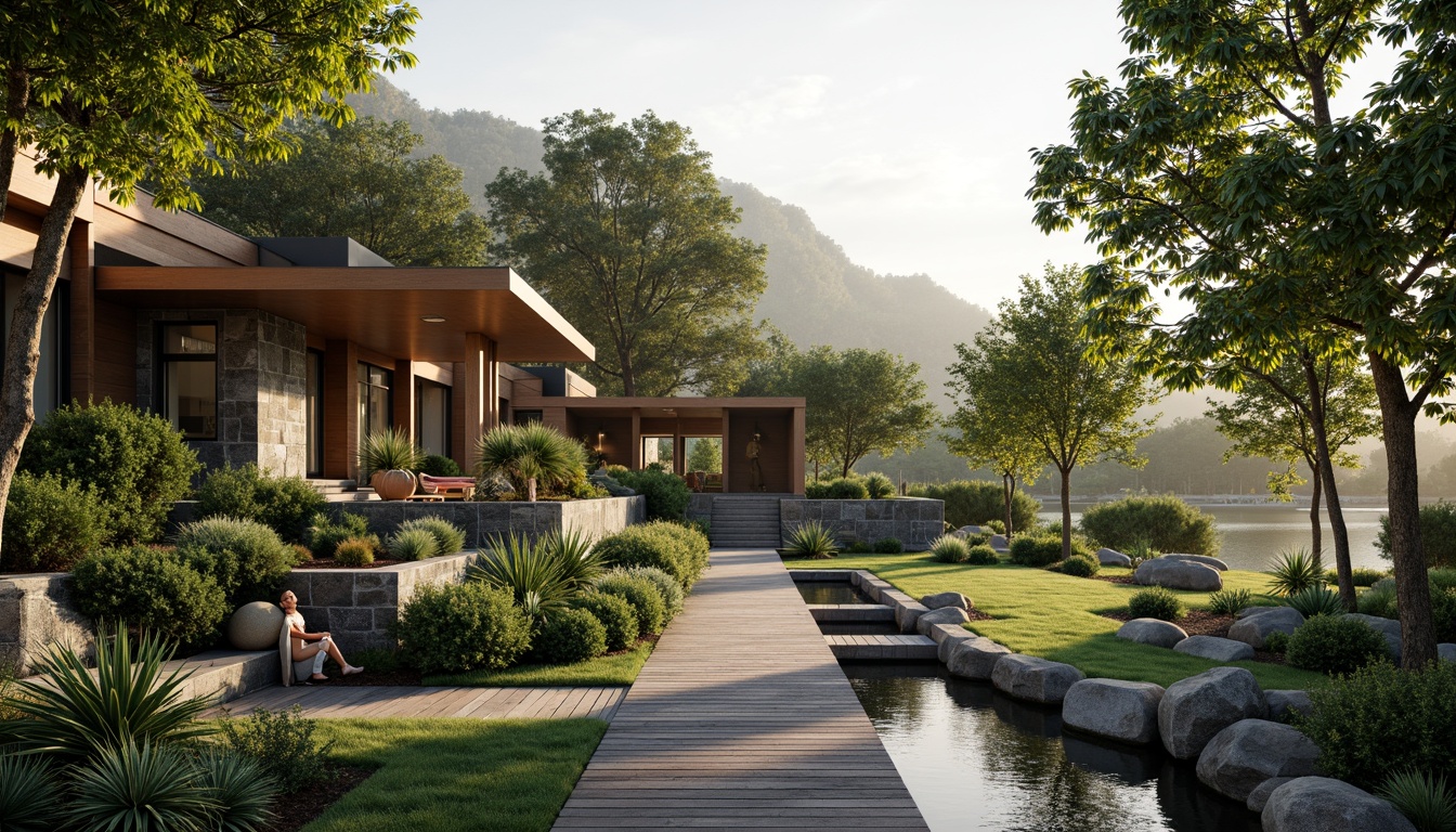 Prompt: Harmonious landscape integration, blending modern architecture, lush greenery, native plants, natural stone walls, wooden accents, earthy tones, organic curves, cantilevered roofs, glass facades, reflective pools, serene water features, meandering pathways, weathered wood decking, rustling leaves, warm sunlight filtering through trees, atmospheric mist, soft focus, shallow depth of field, 2/3 composition, panoramic view, realistic textures, ambient occlusion.