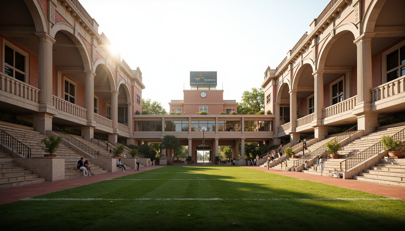 Prompt: Grandstand seating, ornate columns, archaic pediments, classic brick facades, athletic track fields, lush green grass, vintage scoreboard, nostalgic signage, warm golden lighting, shallow depth of field, 3/4 composition, symmetrical architecture, neoclassical details, intricate stone carvings, rusticated bases, Corinthian capitals, triumphal arches, ceremonial entrance gates, Olympic torch-inspired elements, elegant curves, harmonious proportions, soft afternoon sun, realistic textures, ambient occlusion.