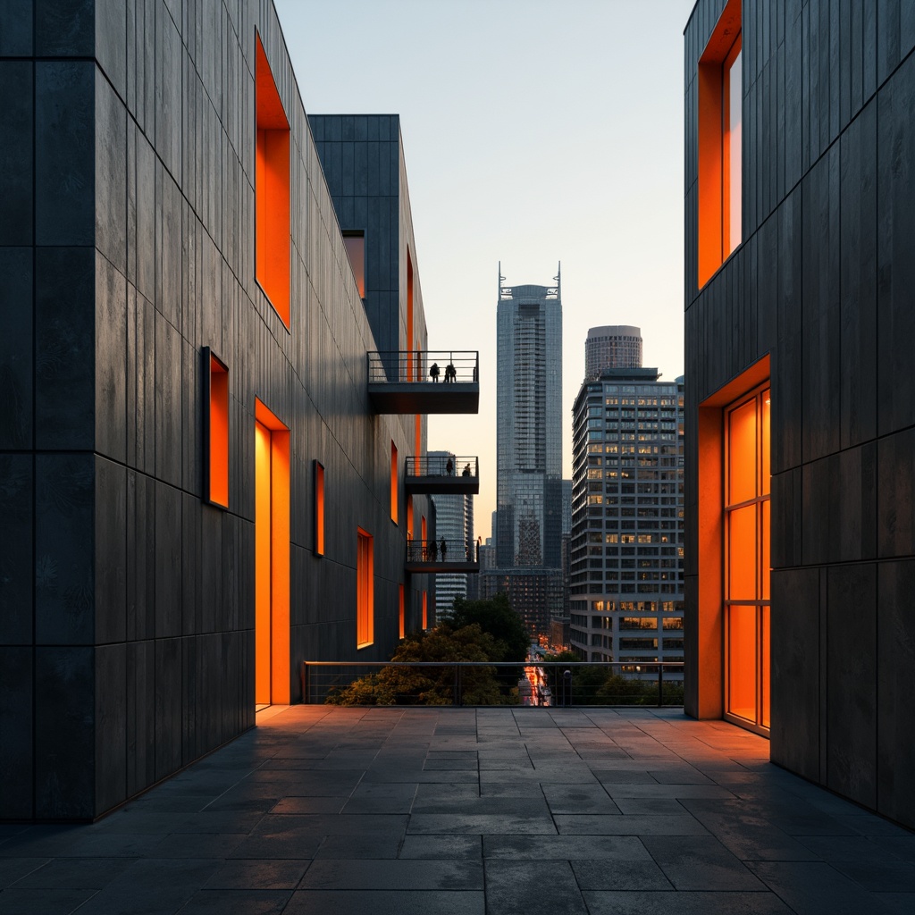 Prompt: Sleek watching towers, bold monochromatic color scheme, dark grey concrete walls, vibrant orange accents, minimalist metallic structures, modernist architectural design, urban cityscape, evening sunset lighting, warm golden hour, shallow depth of field, 3/4 composition, high-angle view, realistic textures, ambient occlusion.