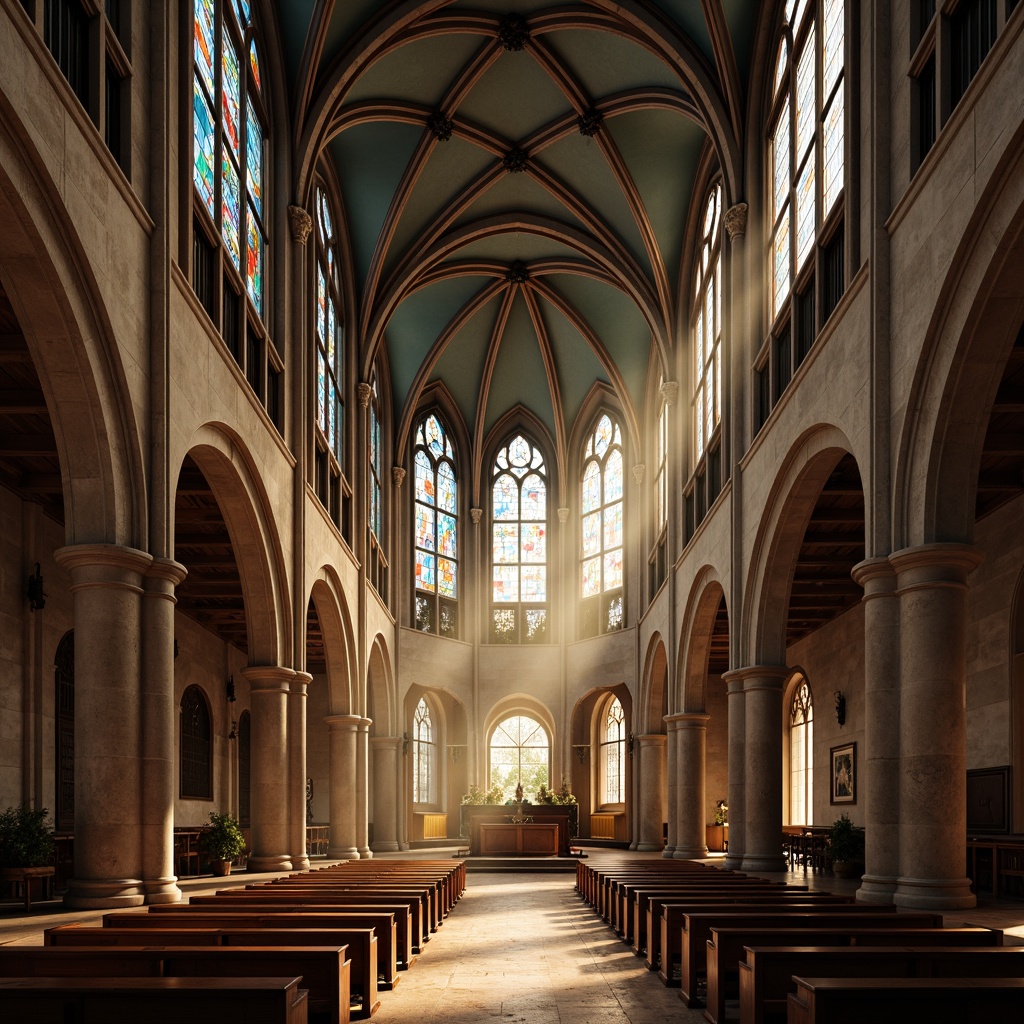 Prompt: Ethereal cathedral interior, stained glass windows, kaleidoscope colors, soft diffused light, subtle shadows, ornate stone carvings, vaulted ceilings, grandiose architecture, serene ambiance, peaceful atmosphere, warm golden tones, gentle beam of light, dramatic high contrast, symmetrical composition, realistic textures, ambient occlusion.