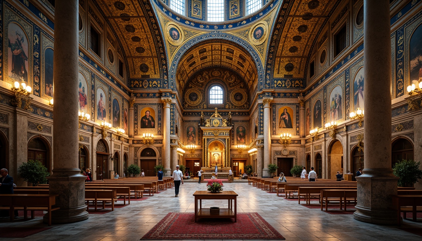 Prompt: Byzantine church interior, intricate mosaic patterns, golden tesserae, vibrant blue hues, ornate icons, sacred symbolism, marble floors, grand domes, ornate arches, lavish decorations, luxurious textiles, richly patterned rugs, warm soft lighting, shallow depth of field, 1/1 composition, detailed textures, ambient occlusion.