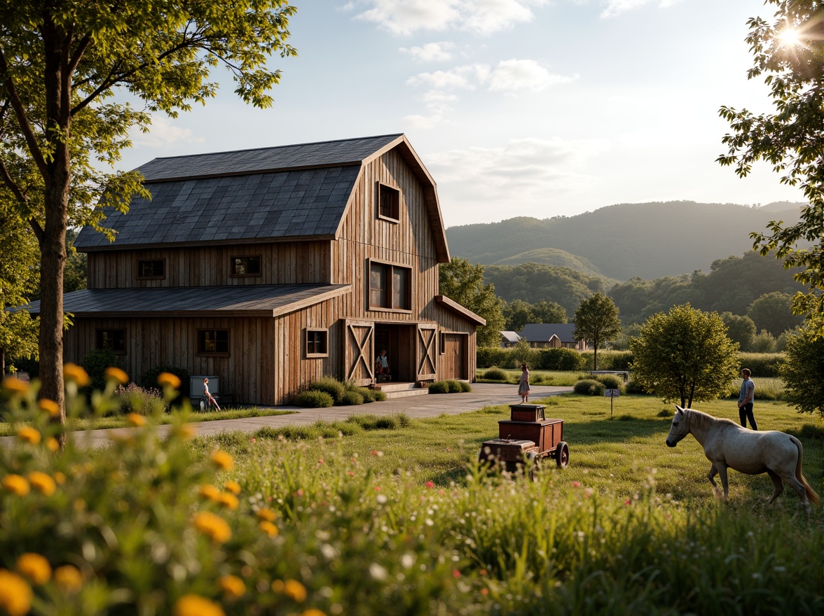 Prompt: Rustic barns, wooden facades, earthy tones, rolling hills, lush green meadows, wildflower fields, natural stone walls, vintage farm equipment, distressed wood textures, warm afternoon sunlight, soft focus, shallow depth of field, 2/3 composition, intimate framing, serene atmosphere, organic integration, eco-friendly materials, reclaimed wood accents, earth-inspired color palette, whimsical outdoor decor, lantern lighting, meandering pathways, scenic overlooks.