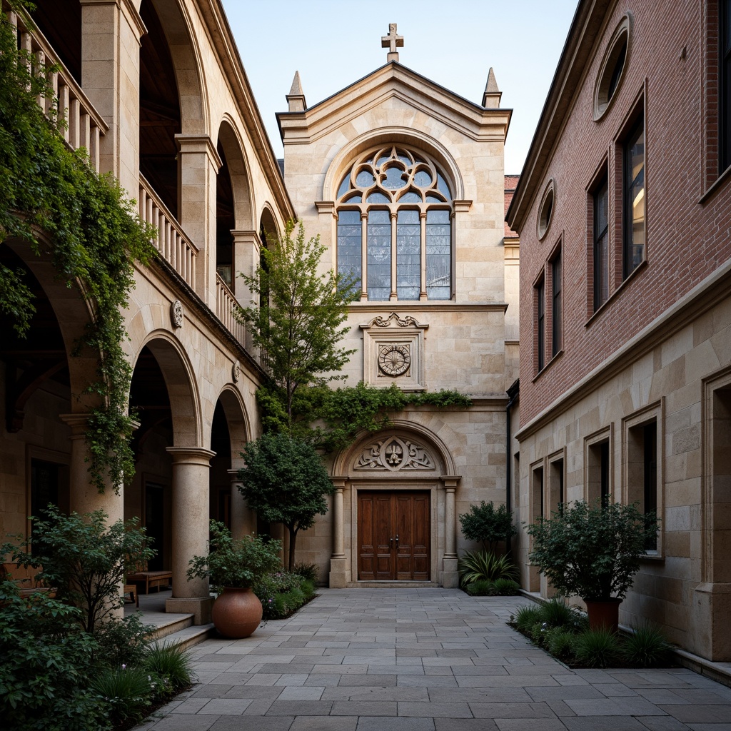 Prompt: Historic church architecture, ornate stone carvings, rustic masonry textures, Gothic arches, stained glass windows, grandiose entranceways, intricate column details, weathered brick facades, ivy-covered walls, serene courtyards, peaceful ambiance, soft natural lighting, subtle color palette, 1/2 composition, symmetrical framing, realistic stone rendering, ambient occlusion.