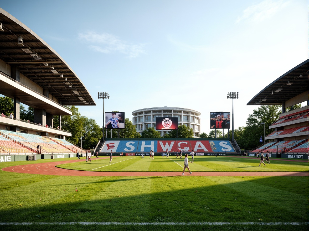 Prompt: Athletic track, lush green grass, vibrant sports equipment, stadium seating, scoreboard displays, floodlighting, sunny afternoon, shallow depth of field, 3/4 composition, panoramic view, realistic textures, ambient occlusion, modern architecture, curved lines, minimalistic design, functional spaces, open-air ventilation, natural stone walkways, steel frameworks, cantilevered roofs, transparent glass facades, sleek metal railings.