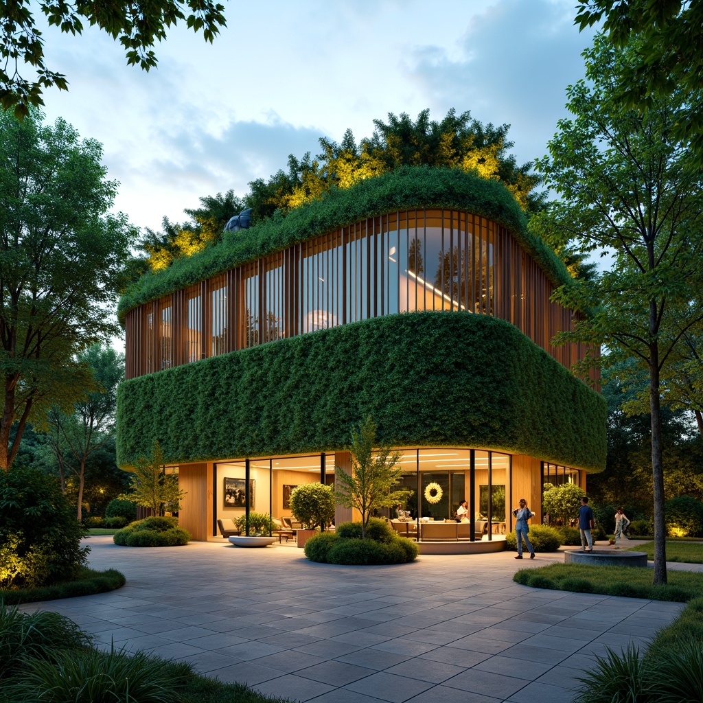 Prompt: Vibrant green theater building, curved lines, natural materials, living walls, lush rooftop garden, soothing color palette, harmonious contrast, warm ambient lighting, soft focus spotlighting, 1/2 composition, shallow depth of field, realistic textures, ambient occlusion; eco-friendly architecture, sustainable design, energy-efficient systems, rainwater harvesting, green roofs, recycled materials, minimal waste generation, futuristic aesthetic, innovative technology integration.