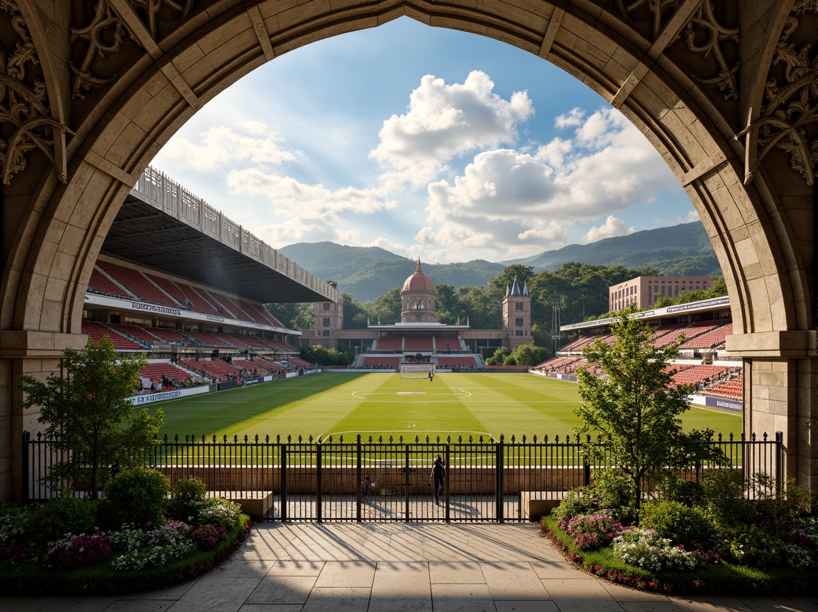 Prompt: Gothic soccer stadium, intricate stone carvings, ribbed vaulted ceilings, pointed arches, grandiose entrance gates, ornate ironwork, steeply pitched roofs, dramatic flying buttresses, vibrant stained glass windows, imposing towers, majestic grandstands, lush greenery, rolling hills, sunny day, warm golden lighting, shallow depth of field, 3/4 composition, panoramic view, realistic textures, ambient occlusion.