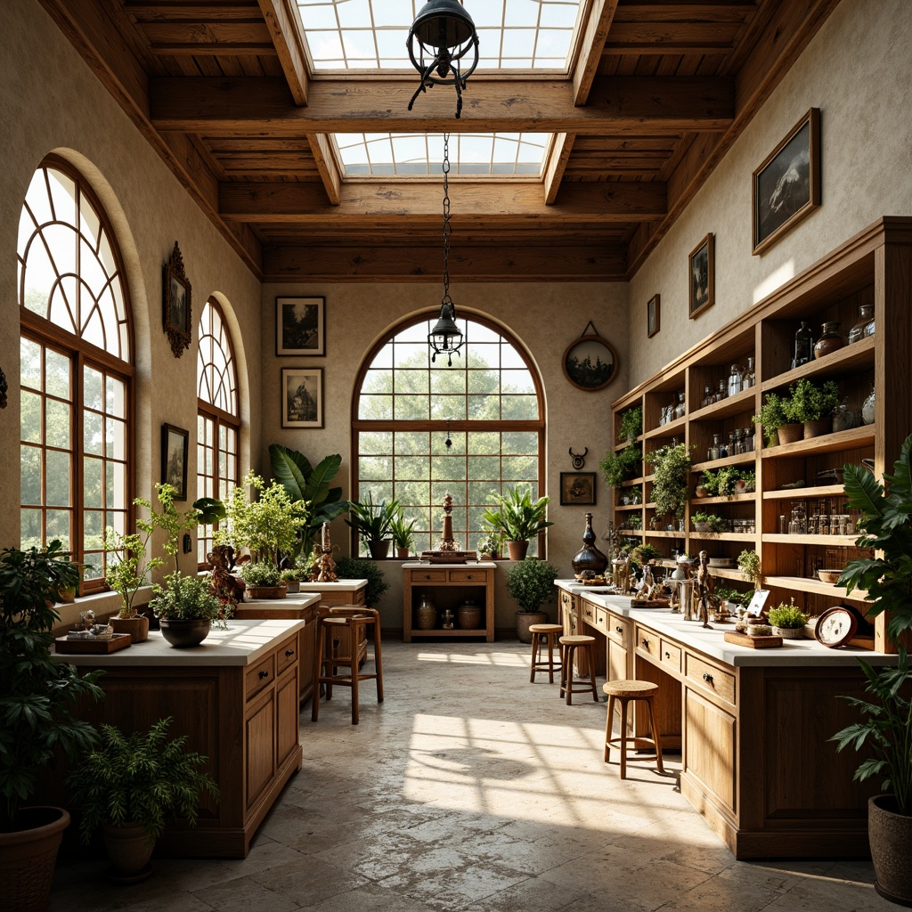 Prompt: Whimsical laboratory, warm natural light, soft diffused illumination, rustic wooden accents, vintage scientific instruments, distressed metal equipment, earthy tone color palette, lush greenery, potted plants, botanical specimens, antique furniture pieces, ornate chandeliers, warm beige walls, creamy white countertops, elegant wooden cabinets, intricate stone flooring, dramatic high ceilings, large skylights, romantic ambiance, soft focus, shallow depth of field, 1/2 composition, warm color temperature.