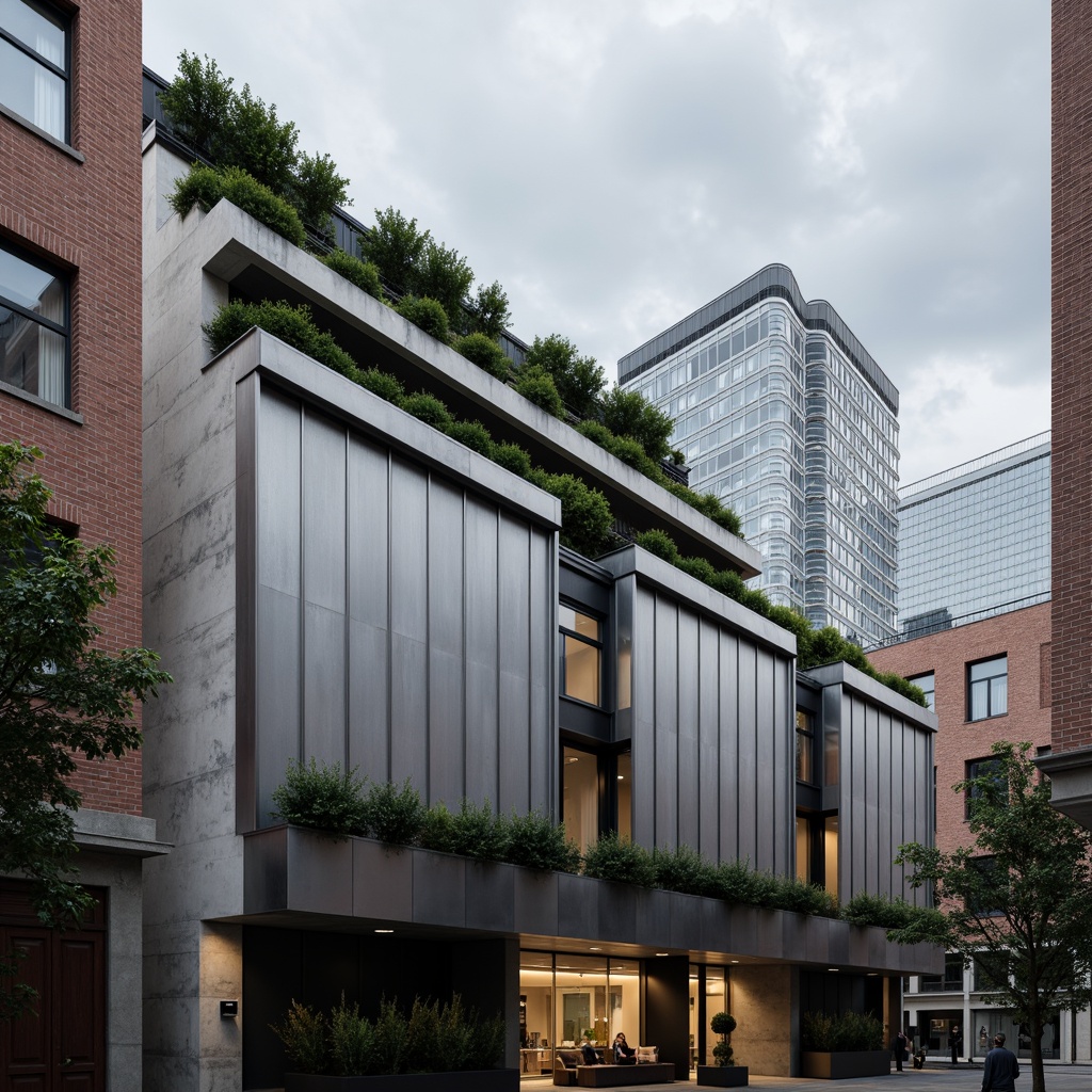 Prompt: Industrial chic building facade, exposed concrete walls, rough stone textures, metallic cladding, sleek glass windows, minimalist design, urban cityscape, cloudy grey sky, dramatic shadows, high contrast lighting, 3/4 composition, shallow depth of field, realistic materials, ambient occlusion.