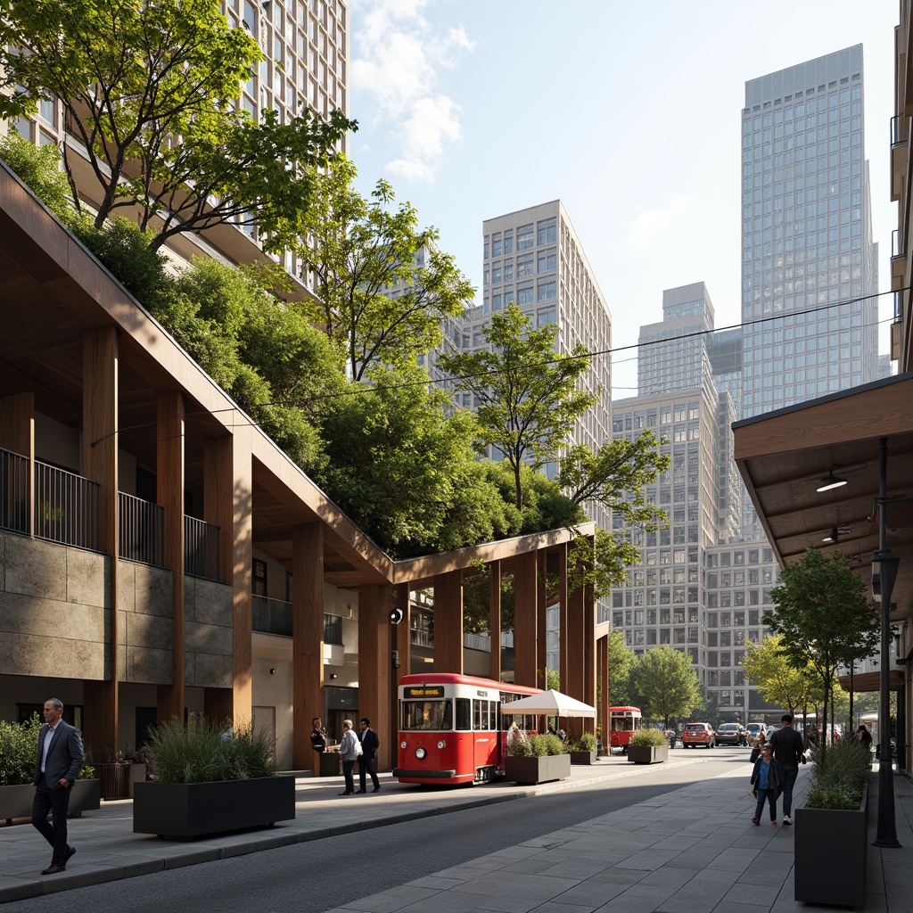 Prompt: Vibrant tram station, green roof integration, lush vegetation, natural stone walls, wooden accents, modern architecture, sleek glass facades, angular lines, minimalistic design, urban landscape views, cityscape backdrop, busy street scene, pedestrian traffic, soft warm lighting, shallow depth of field, 3/4 composition, panoramic view, realistic textures, ambient occlusion.