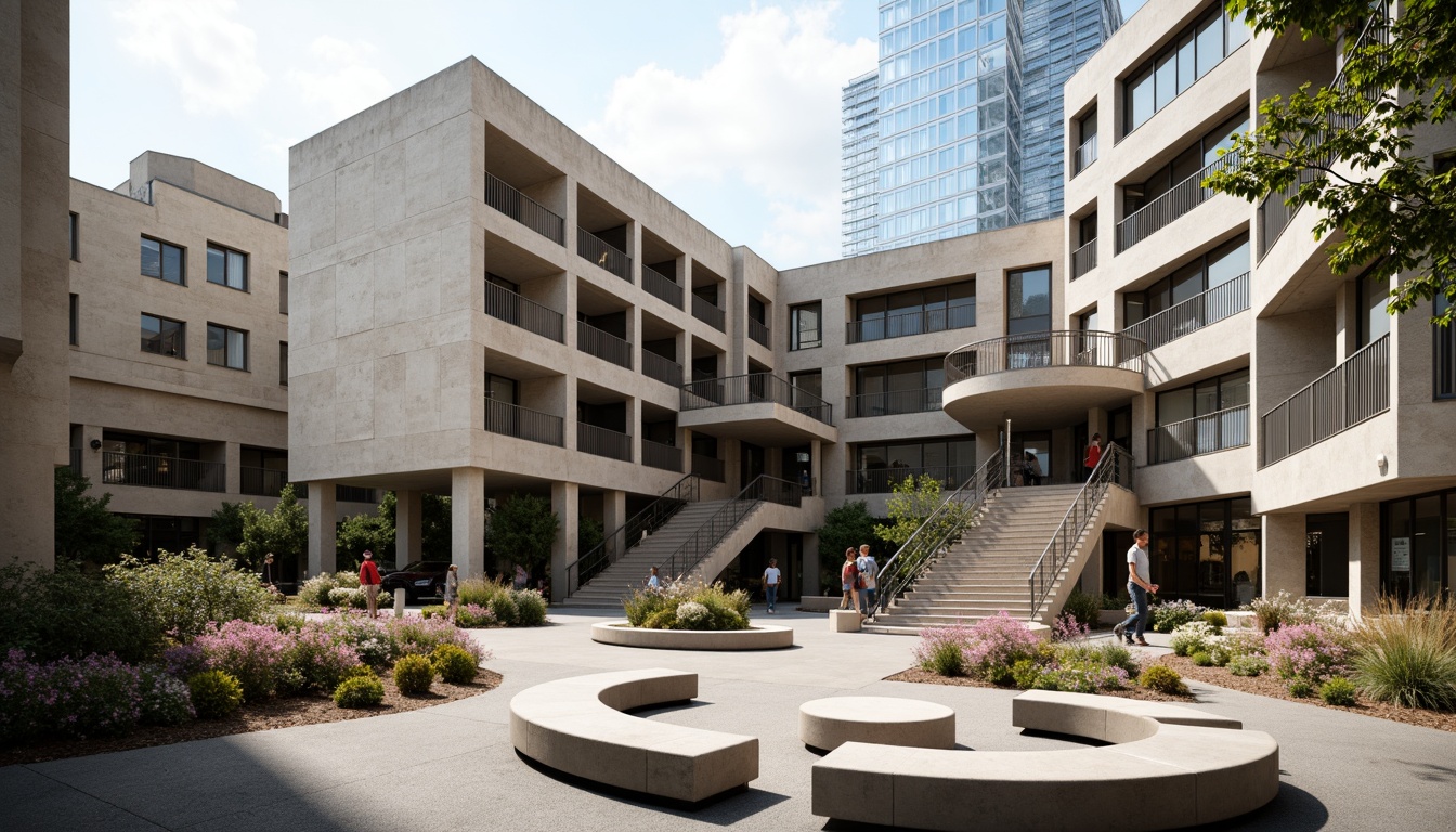 Prompt: Rugged public administration building, brutalist architecture, raw concrete walls, angular lines, fortress-like structure, elevated pedestrian walkways, monumental staircases, asymmetrical compositions, industrial metal railings, urban plaza setting, cityscape backdrop, vibrant street art, abstract sculptures, modern benches, drought-resistant plants, succulent gardens, xeriscaping, sparse tree planting, natural stone paving, geometric patterns, dramatic shadows, high-contrast lighting, moody atmosphere, cinematic composition, realistic textures.