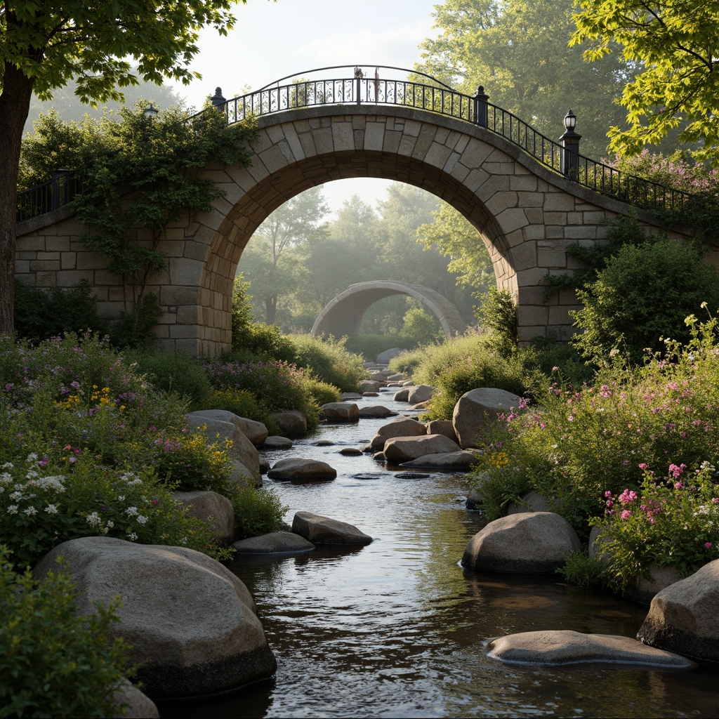 Prompt: Rustic stone bridges, flowing water streams, lush greenery, vibrant wildflowers, curved iron railings, ornate lamp posts, Art Nouveau detailing, organic shapes, sinuous lines, earthy color palette, moss-covered stonework, wooden planks, gentle mist, soft warm lighting, shallow depth of field, 3/4 composition, panoramic view, realistic textures, ambient occlusion.