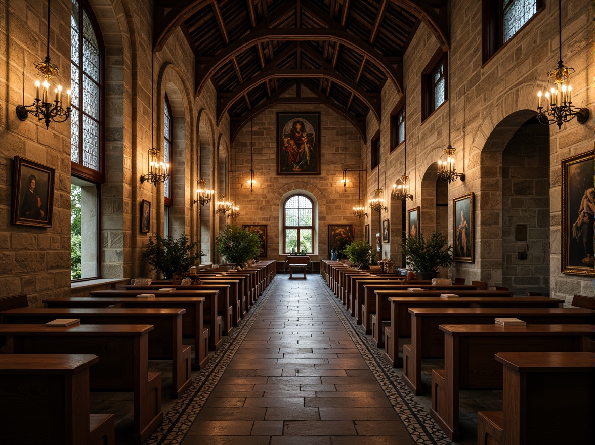 Prompt: Vaulted ceilings, stone walls, stained glass windows, wooden pews, ornate chandeliers, grandiose archways, sacred symbols, intricate frescoes, rustic wooden floors, ancient tomes, dim warm lighting, shallow depth of field, 1/1 composition, realistic textures, ambient occlusion, solemn atmosphere, peaceful ambiance, quiet contemplation, spiritual retreat, secluded cloisters, lush greenery, serene courtyard.