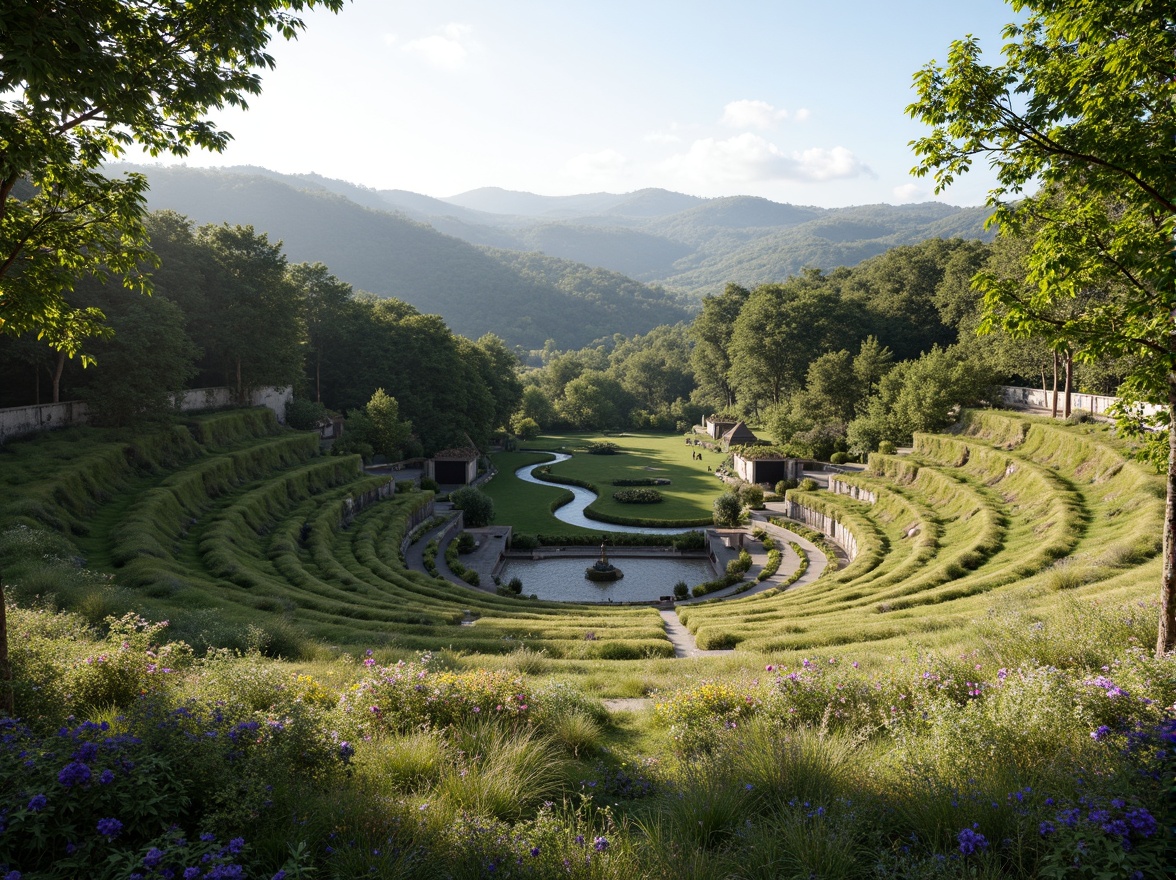 Prompt: Natural amphitheater setting, rolling hills, lush greenery, curved seating areas, stone or wood benches, scenic overlooks, walking trails, native plant species, meandering water features, rocky outcroppings, sunny day, soft warm lighting, shallow depth of field, 3/4 composition, panoramic view, realistic textures, ambient occlusion, integrated landscaping, seamless transitions, organic forms, ecological balance, sustainable design.