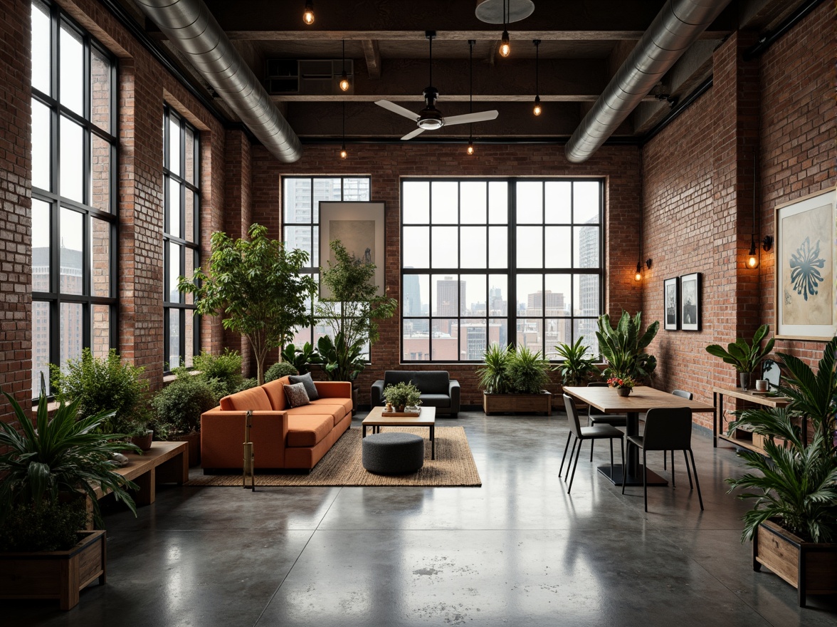 Prompt: Industrial chic loft interior, exposed brick walls, metal beams, polished concrete floors, minimalist decor, modern academic atmosphere, floor-to-ceiling windows, abundant natural light, lush greenery, potted plants, urban landscape views, cityscape integration, distressed wood accents, reclaimed wood furniture, Edison bulb lighting, industrial-style lamps, cozy reading nooks, comfortable seating areas, abstract artwork, geometric patterns, earthy color palette, warm ambiance, softbox lighting, shallow depth of field, 2/3 composition, cinematic perspective.