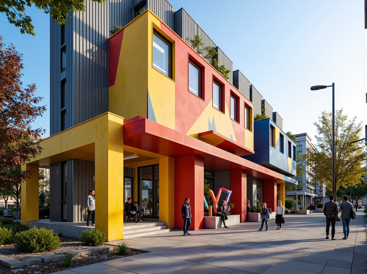 Prompt: Vibrant youth center, constructivist architecture, bold geometric shapes, dynamic angular lines, bright primary colors, industrial metal fa\u00e7ade, exposed concrete walls, large windows with metal frames, urban cityscape, morning sunlight, soft shadows, shallow depth of field, 1/2 composition, realistic textures, ambient occlusion, eclectic mix of materials, brutalist elements, abstract sculptures, graffiti-inspired murals, lively public art installations.