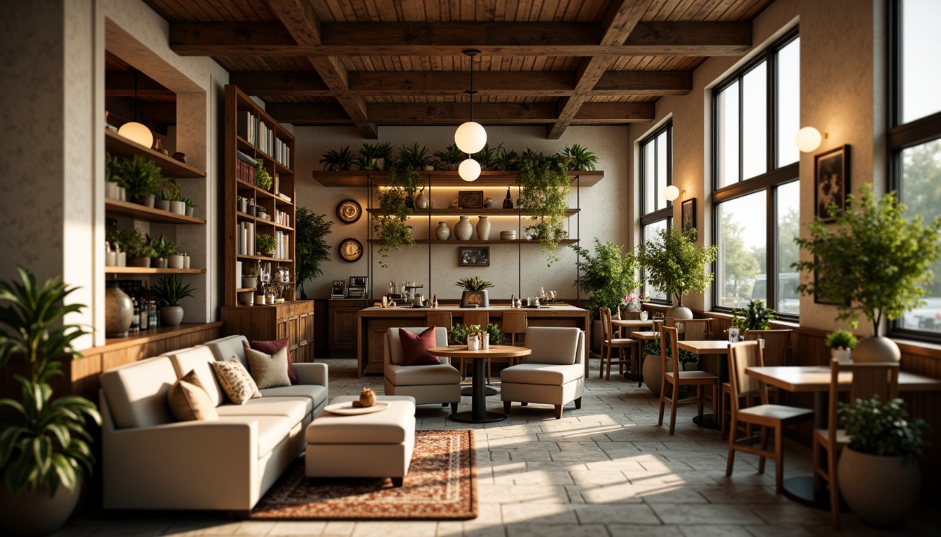 Prompt: Cozy coffee shop atmosphere, warm earthy tones, rich brown wooden accents, creamy whites, deep espresso hues, vibrant turquoise highlights, natural stone flooring, rustic metal decorations, plush velvet textiles, aromatic scents, soft golden lighting, shallow depth of field, 1/1 composition, realistic textures, ambient occlusion.