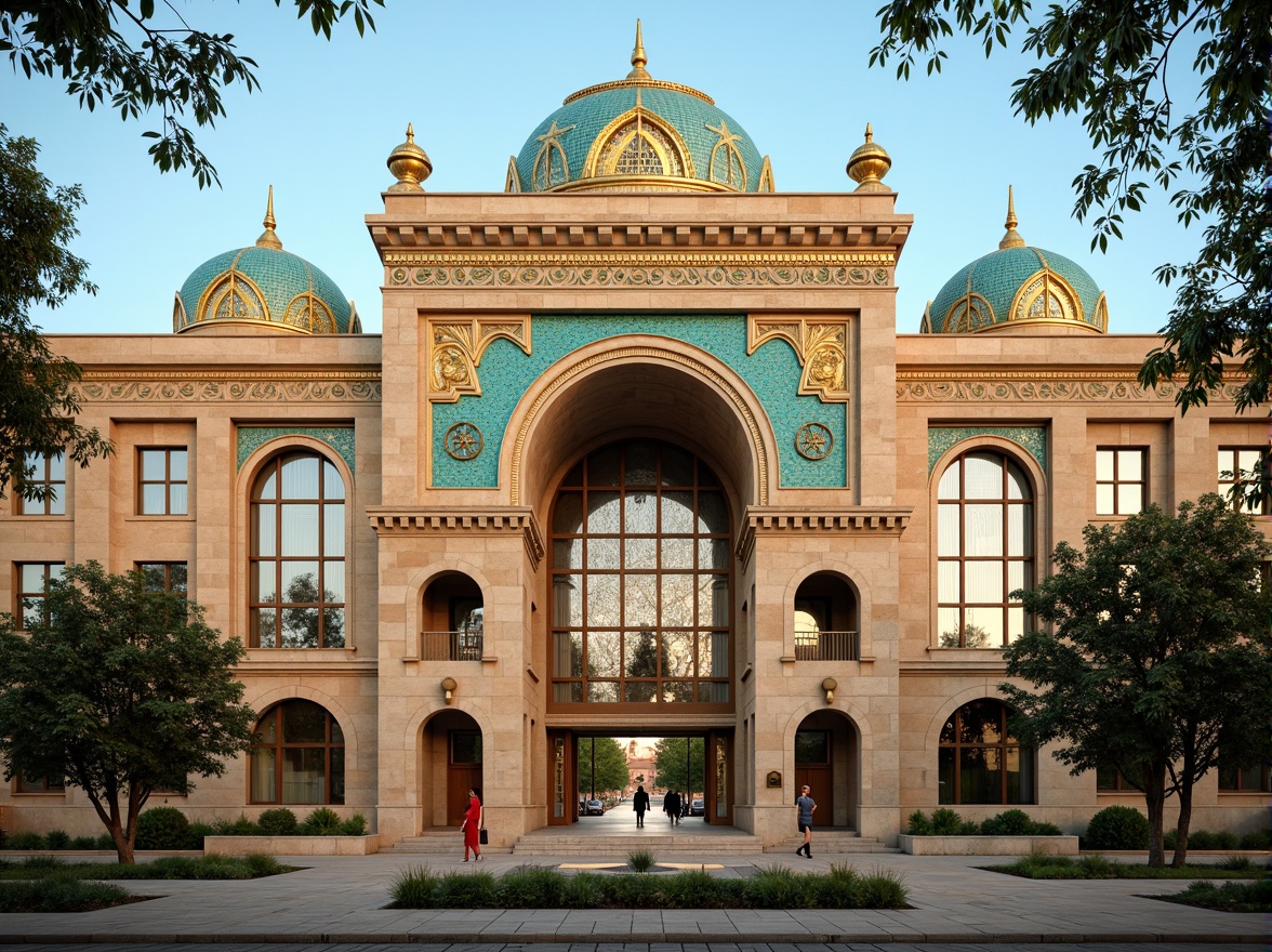 Prompt: Majestic high school building, grand arched entrance, ornate Byzantine details, rich golden domes, vibrant turquoise mosaics, intricate stone carvings, rounded apse architecture, symmetrical facade design, warm beige stone walls, large circular windows, stained glass patterns, soft warm lighting, shallow depth of field, 3/4 composition, panoramic view, realistic textures, ambient occlusion.Please let me know if this meets your expectations!