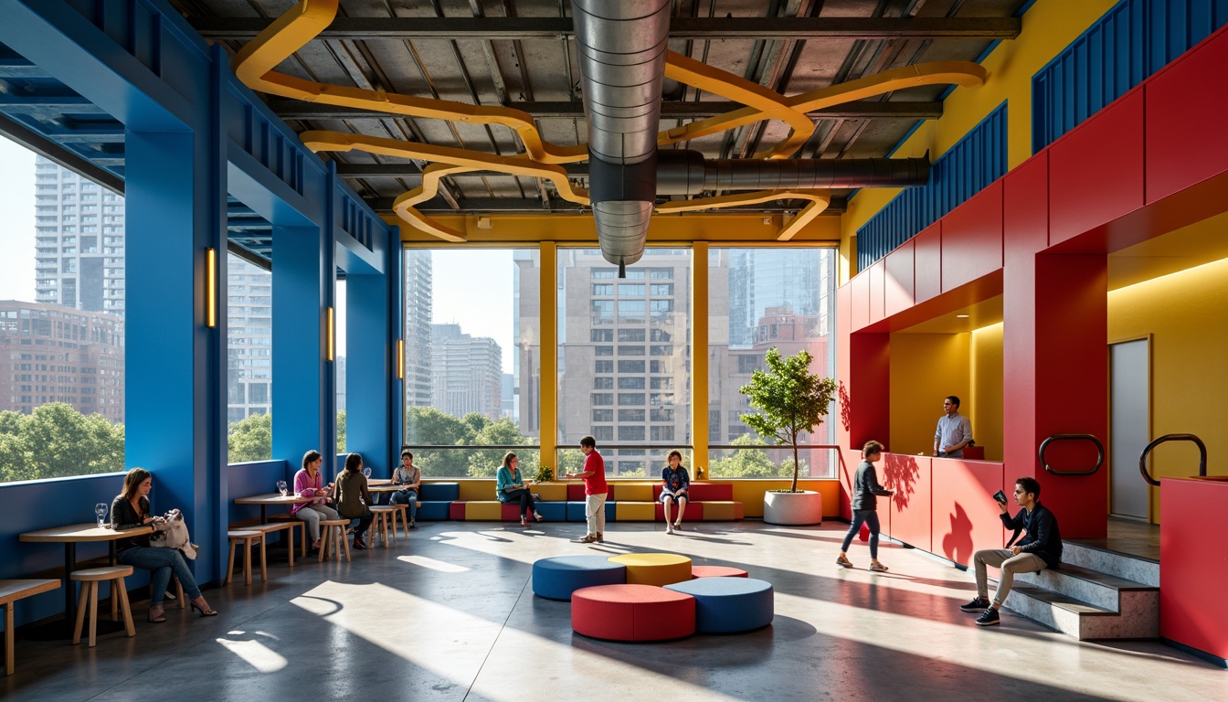 Prompt: Vibrant youth center, bold geometric shapes, primary colors, blue accents, yellow highlights, red details, industrial materials, exposed ductwork, metal beams, polished concrete floors, urban cityscape, morning sunlight, softbox lighting, shallow depth of field, 2/3 composition, dynamic camera angles, stylized reflections, futuristic atmosphere.