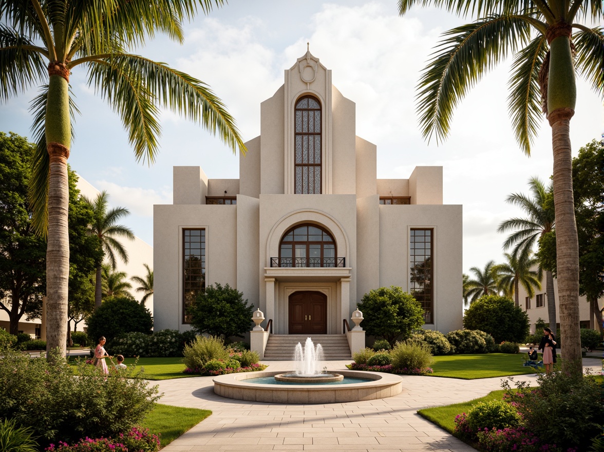 Prompt: Elegant Art Deco church, symmetrical fa\u00e7ade, ornate stone carvings, intricate metalwork, grand entrance stairs, lush greenery, vibrant flowers, manicured lawns, decorative fountains, circular driveways, majestic palm trees, warm sunny day, soft golden lighting, shallow depth of field, 1/1 composition, realistic textures, ambient occlusion.