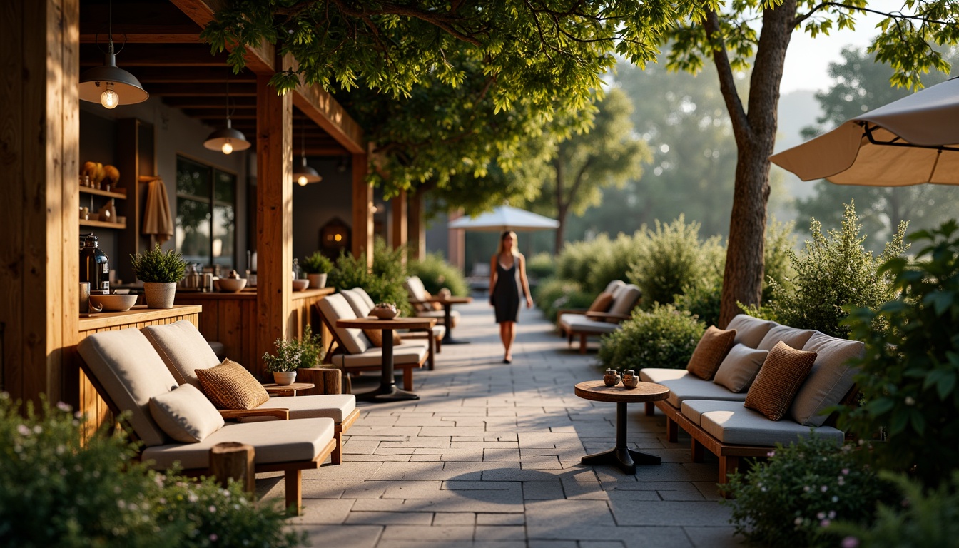 Prompt: Cozy coffee shop patio, warm wooden benches, plush cushions, natural stone flooring, lush greenery, vibrant flowers, rustic metal tables, charming lanterns, soft warm lighting, shallow depth of field, 1/2 composition, intimate atmosphere, realistic textures, ambient occlusion.