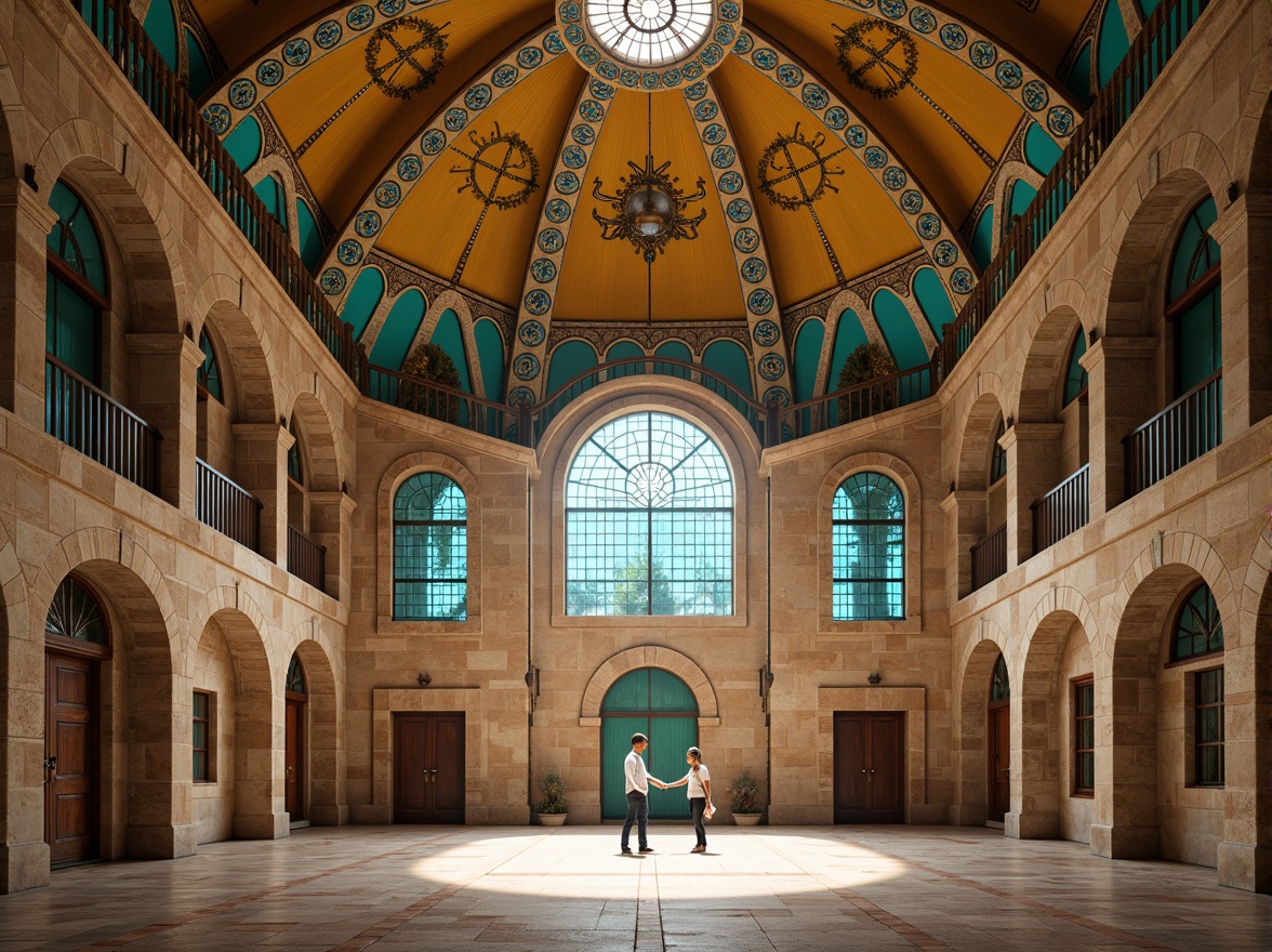 Prompt: Majestic gymnasium, Byzantine-inspired fa\u00e7ade, golden domes, intricate stone carvings, ornate archways, grand entrance, imposing columns, vibrant turquoise accents, warm beige stonework, rustic brick patterns, stained glass windows, majestic vaulted ceilings, dramatic lighting effects, atmospheric misting systems, 1/2 composition, symmetrical framing, realistic textures, ambient occlusion.