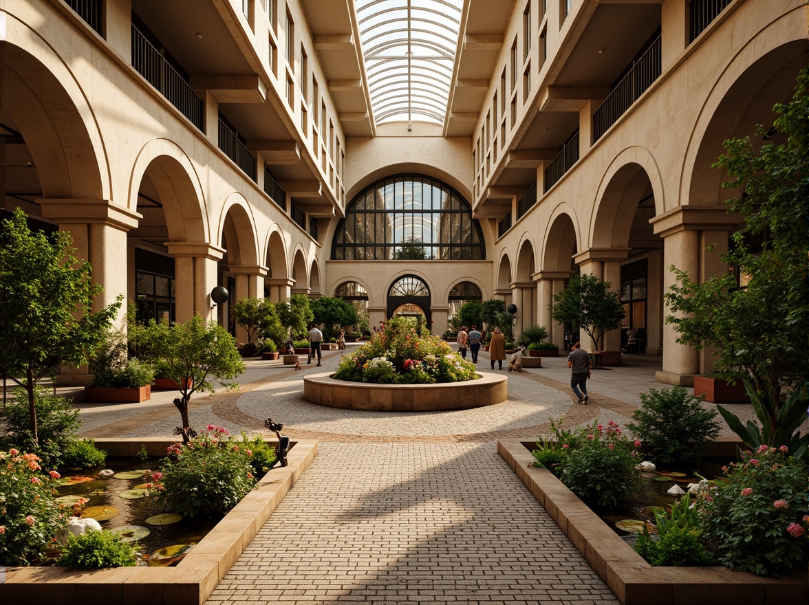 Prompt: \Grand metro station, Romanesque arches, ornate columns, rustic stone walls, lush greenery, vibrant flowers, water features, koi ponds, walking paths, intricate mosaics, warm golden lighting, shallow depth of field, 3/4 composition, panoramic view, realistic textures, ambient occlusion.\