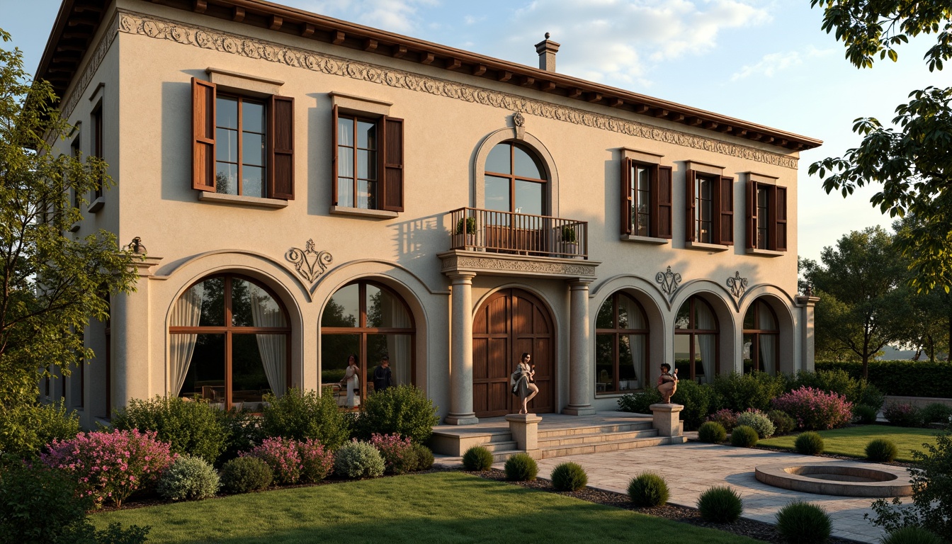 Prompt: Renaissance-style villa facade, ornate stone carvings, arched windows, rustic wooden doors, terra cotta roof tiles, classical columns, intricate stucco details, soft golden lighting, warm afternoon sun, lush greenery, blooming flowers, manicured lawns, serene fountain features, meandering stone pathways, Italian-inspired landscaping, romantic courtyard views, 1/2 composition, natural textures, ambient occlusion.