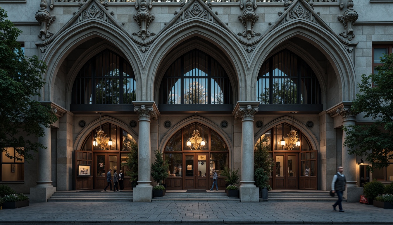 Prompt: Ornate Gothic office building facade, pointed arches, ribbed vaults, flying buttresses, intricate stone carvings, stained glass windows, grand entranceways, heavy wooden doors, ironwork decorations, dramatic verticality, imposing scale, dark mysterious ambiance, misty morning lighting, shallow depth of field, 1/2 composition, symmetrical framing, rich textures, ambient occlusion.