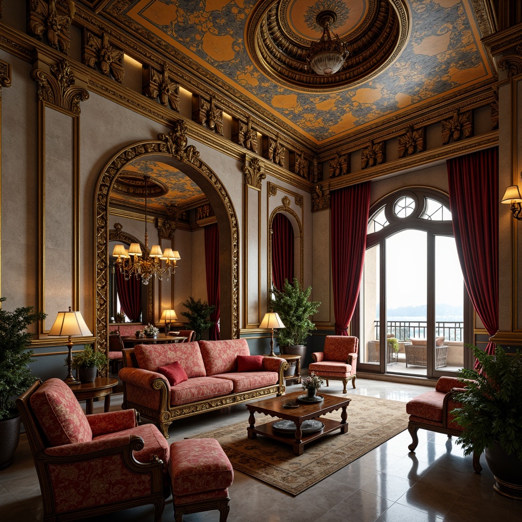 Prompt: Luxurious apartment interior, Byzantine style ornamental details, intricate mosaics, golden accents, rich jewel-toned fabrics, velvet drapes, ornate wooden furnishings, carved stone decorations, lavish chandeliers, grand archways, high ceilings, marble flooring, warm atmospheric lighting, soft focus, 1/2 composition, realistic textures, ambient occlusion.