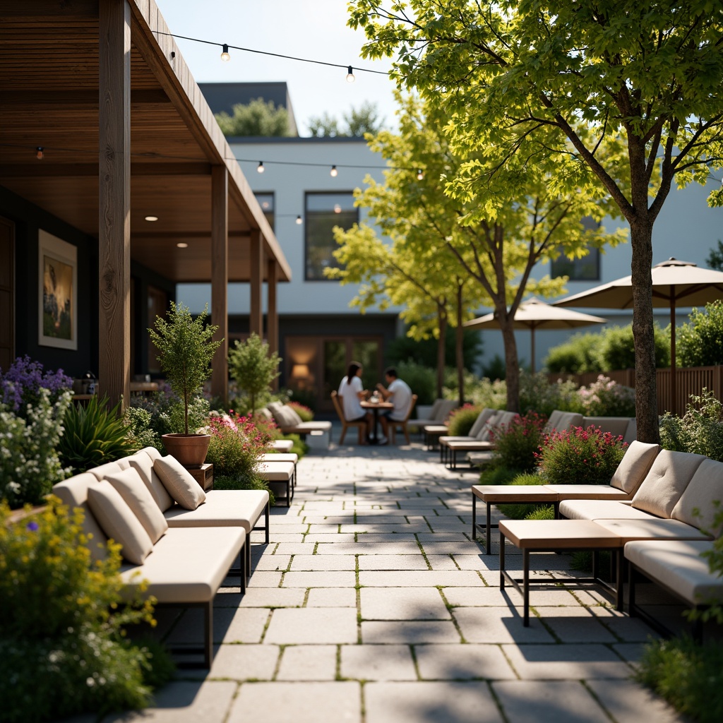 Prompt: Cozy coffee shop patio, natural stone flooring, wooden benches, plush cushions, vibrant greenery, blooming flowers, modern outdoor furniture, minimalist metal frames, reclaimed wood accents, warm string lighting, soft ambient glow, sunny afternoon, shallow depth of field, 1/2 composition, realistic textures, ambient occlusion.