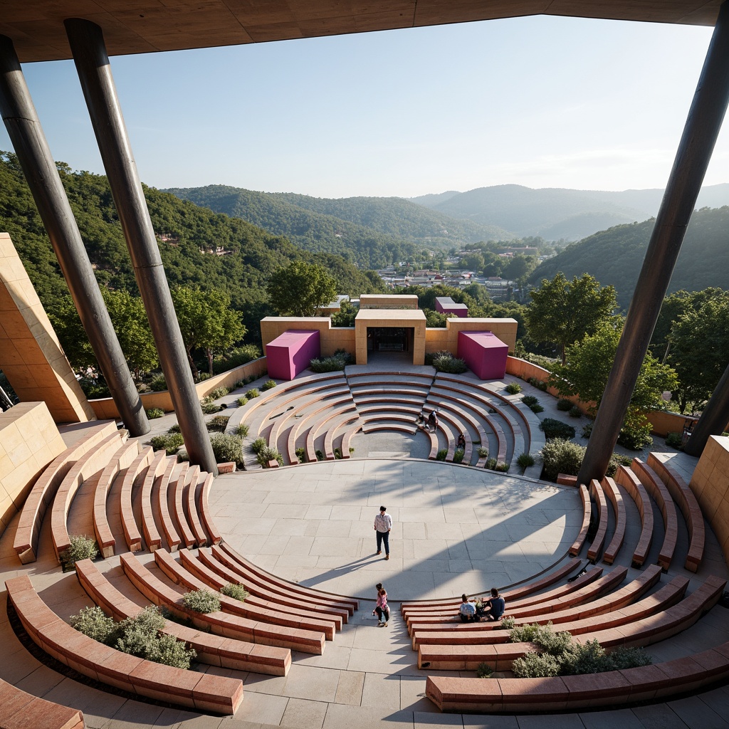 Prompt: Grand amphitheater, tiered seating, modernist architecture, sleek metal frames, minimalist design, bold geometric shapes, vibrant color accents, polished concrete floors, cantilevered roofs, natural stone walls, lush greenery, scenic views, warm afternoon lighting, soft shadows, shallow depth of field, 2/3 composition, wide-angle lens, realistic textures, ambient occlusion.