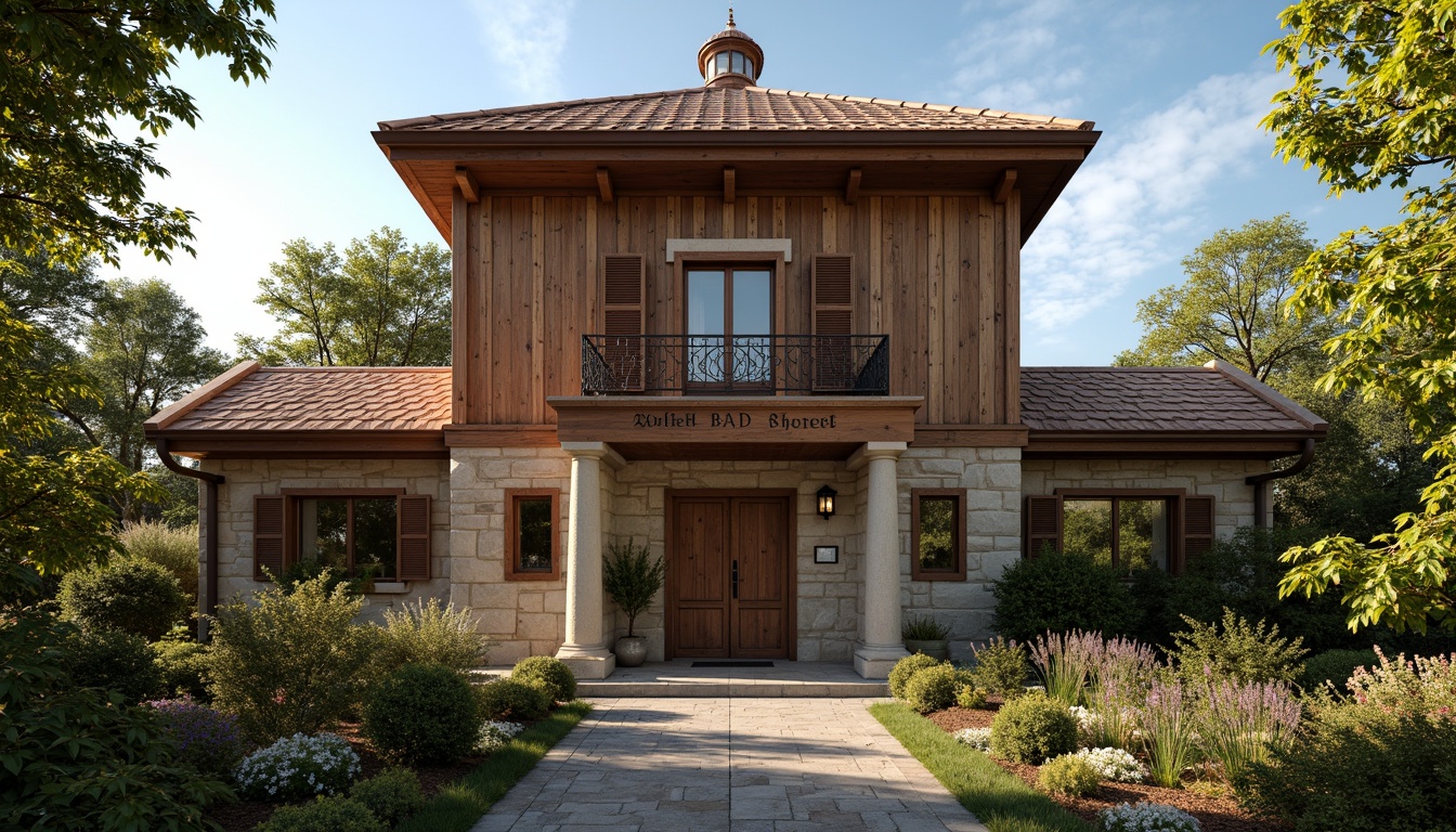 Prompt: Rustic bank building, regionalist facade, earthy tones, natural stone cladding, wooden accents, ornate metalwork, grand entrance, columnar details, intricate stonework, sloping rooftops, verdant surroundings, lush greenery, mature trees, warm sunny day, soft golden lighting, shallow depth of field, 1/1 composition, symmetrical view, realistic textures, ambient occlusion.