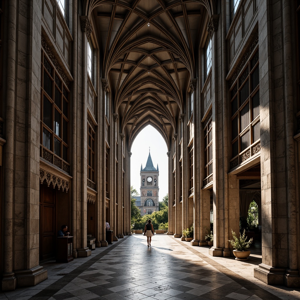 Prompt: Intricate stone carvings, pointed arches, ribbed vaults, flying buttresses, grandiose entrance halls, ornate metalwork, stained glass windows, majestic clock towers, intricate tracery patterns, rusticated stonework, weathered copper roofing, mystical ambiance, warm soft lighting, dramatic shadows, 1/2 composition, symmetrical framing, atmospheric perspective, high-contrast rendering, detailed textures, ambient occlusion.