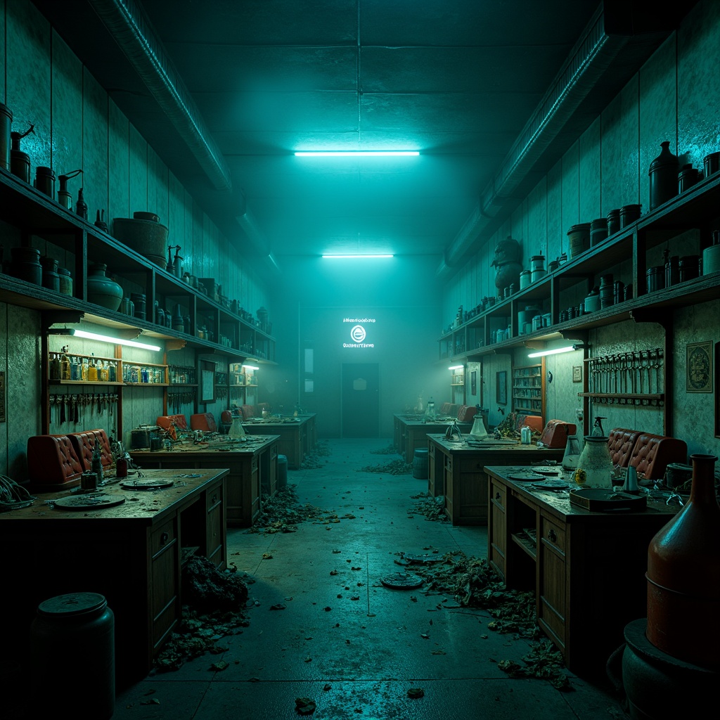 Prompt: Mysterious abandoned laboratory, dark cyan walls, eerie ambient lighting, foggy mist, old rusted equipment, broken glass beakers, mysterious experiment tubes, dimly lit workbenches, worn-out leather-bound books, vintage scientific instruments, distressed wooden cabinets, industrial metal shelves, subtle neon glow, ominous shadows, 1/2 composition, cinematic mood, high contrast ratio, detailed textures, atmospheric fog.