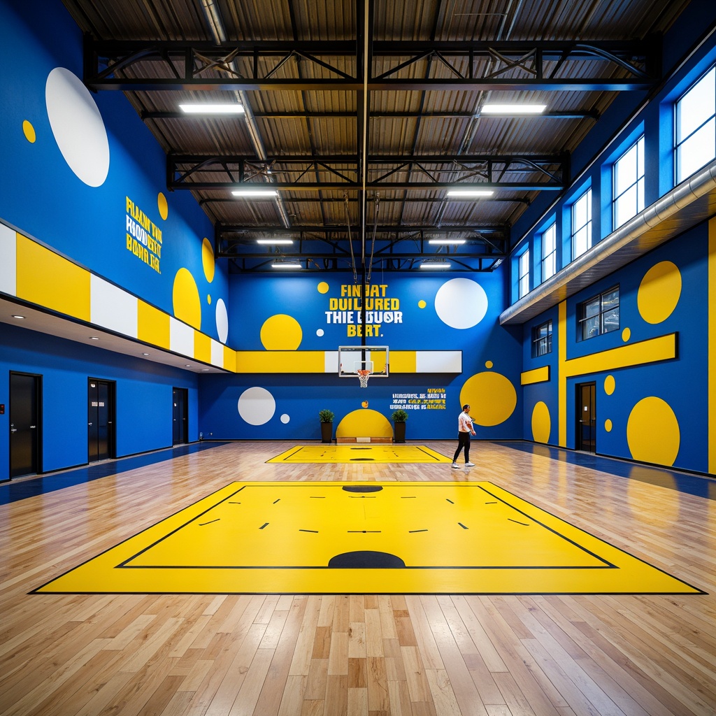 Prompt: Vibrant gymnasium interior, bold color scheme, dynamic athletic atmosphere, bright blue walls, energetic yellow accents, sleek metal beams, polished wooden floors, modern sports equipment, motivational quotes, inspirational graphics, geometric patterns, LED lighting, high ceilings, spacious open areas, functional layout, minimalist decor, industrial chic aesthetic, urban loft feel, natural light overflow, shallow depth of field, 1/1 composition, realistic textures, ambient occlusion.