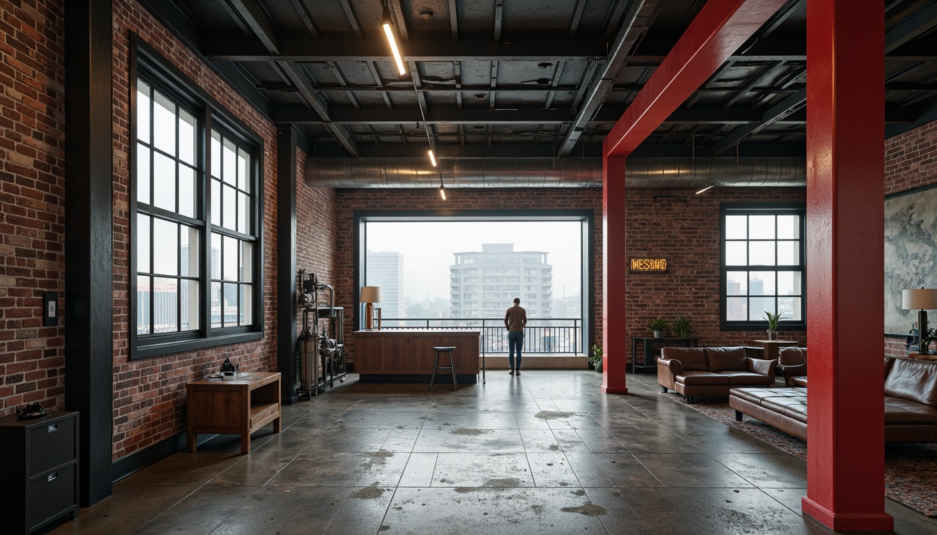 Prompt: Exposed brick walls, industrial metal beams, functional pipes, urban cityscape, modernist architecture, rectangular forms, primary color accents, minimalist decor, reclaimed wood floors, steel windows, mechanical machinery, vintage manufacturing equipment, distressed concrete textures, atmospheric foggy lighting, high contrast shadows, 1/1 composition, symmetrical framing, realistic metallic reflections.