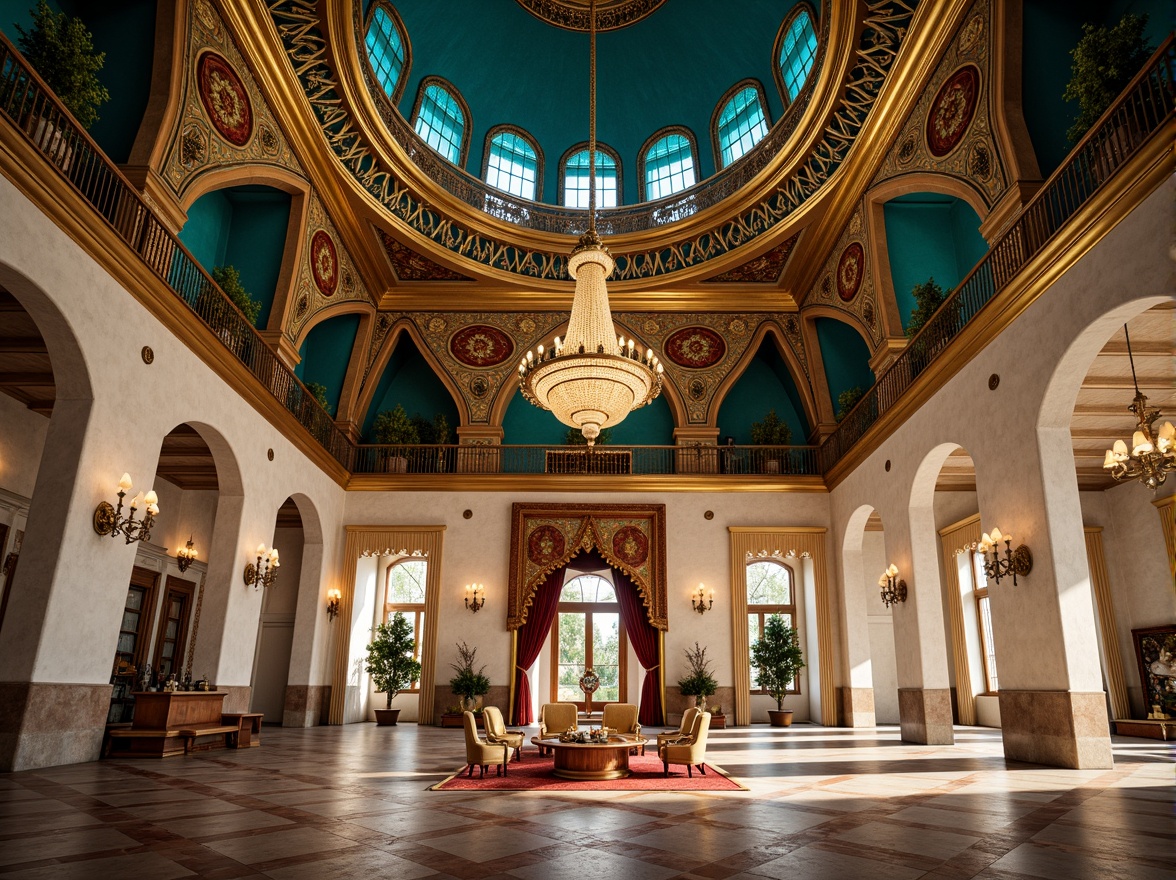 Prompt: Majestic Prussian blue domes, ornate golden accents, intricate Islamic patterns, grand mosque architecture, vibrant turquoise mosaics, rich velvet textures, majestic archways, imposing stone columns, regal throne rooms, opulent chandeliers, lavish furnishings, warm golden lighting, shallow depth of field, 1/1 composition, realistic reflections, ambient occlusion.