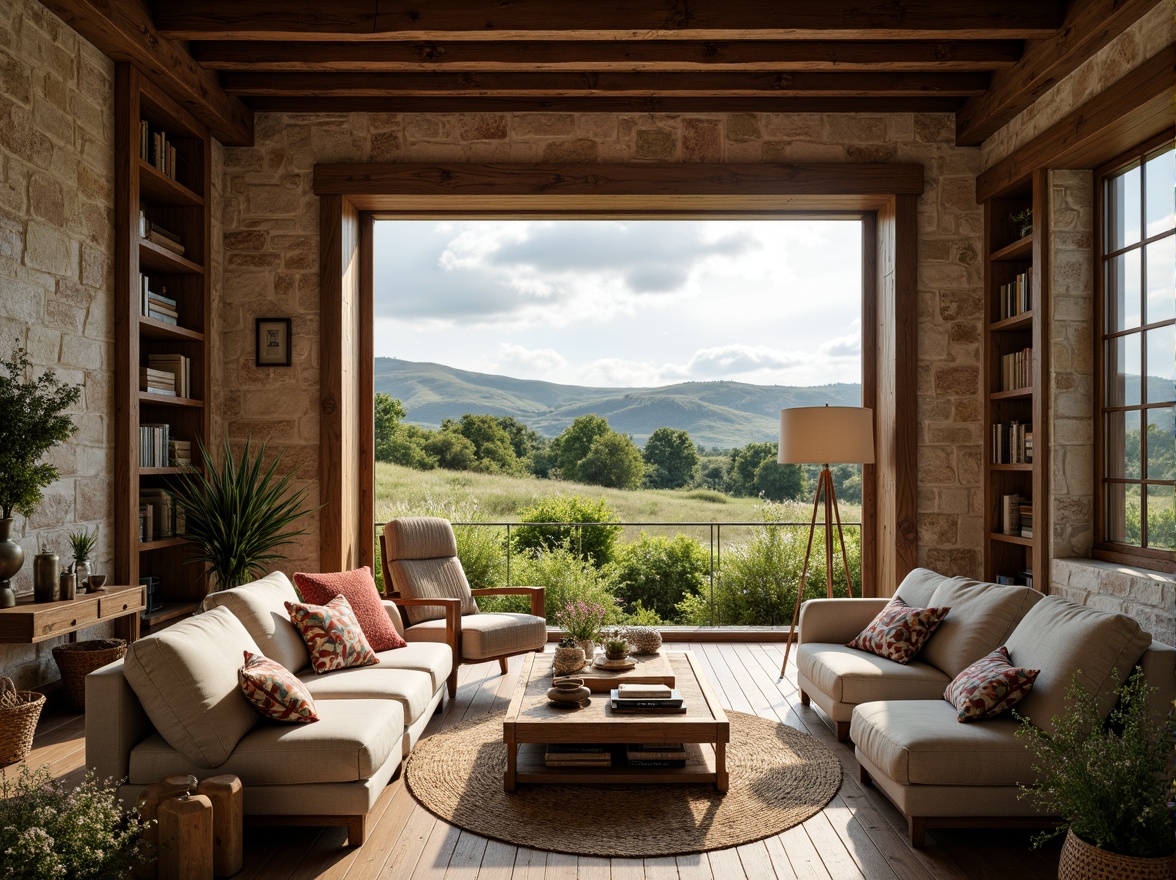 Prompt: Rustic rural landscape, rolling hills, wildflowers, natural stone walls, wooden accents, earthy tones, cozy reading nooks, comfortable seating areas, floor-to-ceiling windows, panoramic views, organic shapes, curved lines, minimal ornamentation, warm lighting, soft shadows, shallow depth of field, 1/1 composition, natural textures, ambient occlusion, rural-inspired bookshelves, wooden tables, plush couches, vintage lamps, woven baskets.