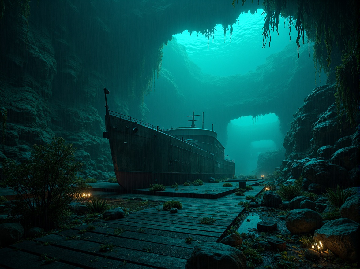 Prompt: Mysterious underwater scene, dark cyan hues, eerie bioluminescent lights, abandoned submarine wreckage, rusty metal debris, seaweed-covered rocks, gloomy foggy atmosphere, dimly lit caverns, mysterious ocean creatures, glowing jellyfish, soft coral formations, worn wooden planks, vintage diving equipment, misty rainy day, low-key dramatic lighting, shallow depth of field, 2/3 composition, cinematic mood, realistic water simulations, subtle particle effects.